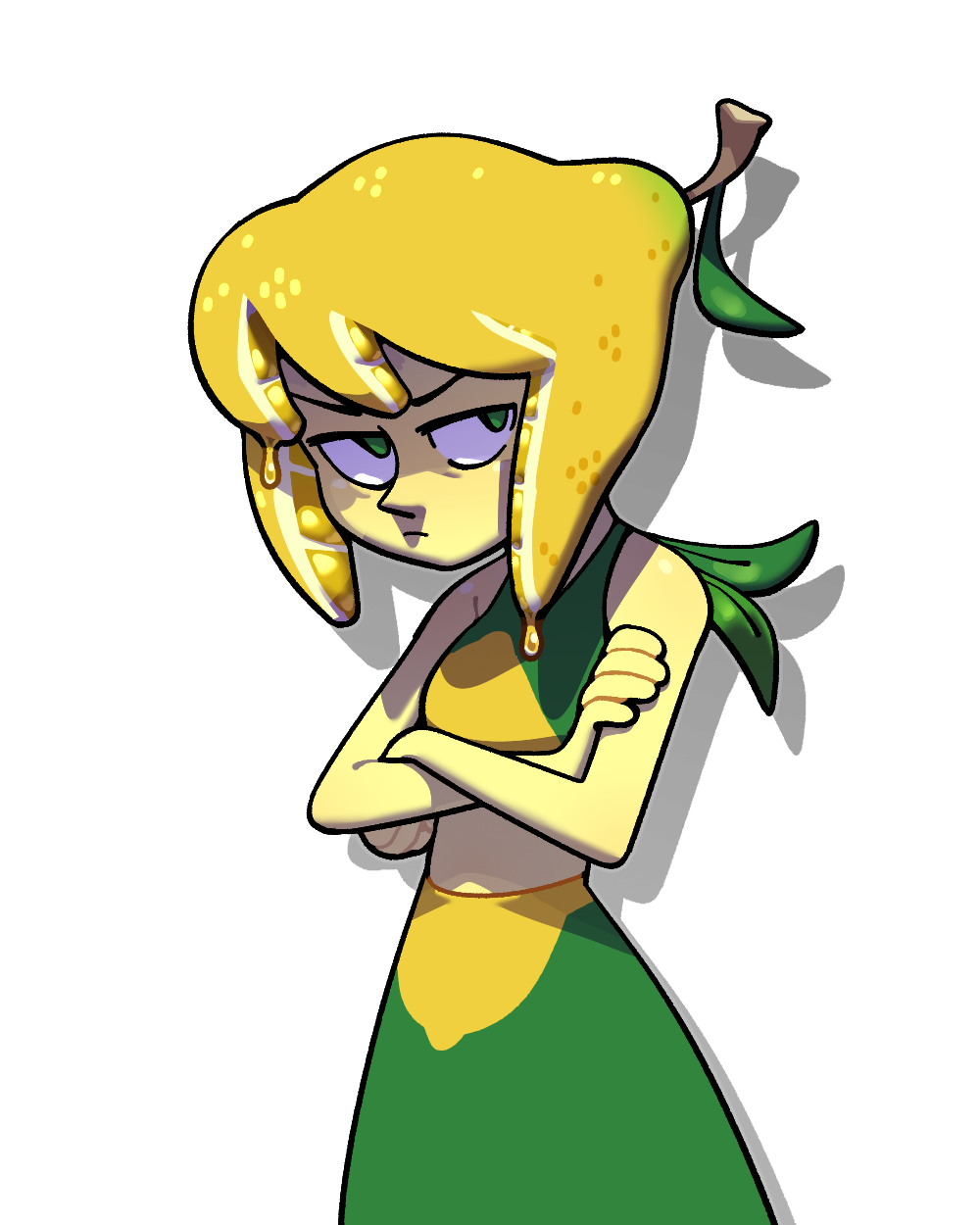 discount-supervillain, lapis lazuli (steven universe), steven universe, highres, 1girl, alternate color, alternate eye color, alternate hair color, alternate skin color, blonde hair, colored skin, crop top, food, food-themed hair, fruit, leaf, lemon, solo, yellow skin