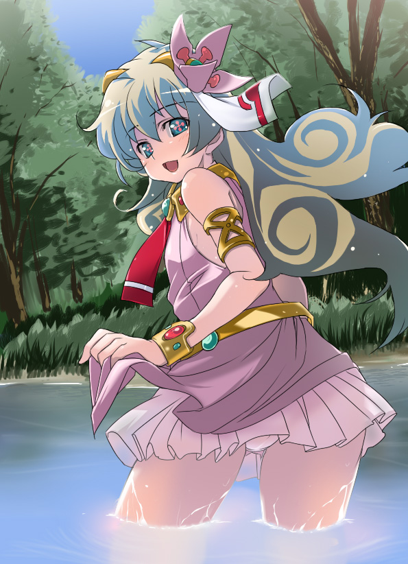 yoshihara maito, nia teppelin, tengen toppa gurren lagann, + +, 00s, 1girl, :d, armlet, ascot, bare shoulders, belt, blue eyes, blue hair, blue sky, bracer, breasts, clothes lift, collar, cowboy shot, cross-shaped pupils, curly hair, day, dress, dress lift, female focus, flower, forest, gradient hair, hair flower, hair ornament, jewelry, leaning forward, lifting own clothes, long hair, multicolored hair, nature, open mouth, outdoors, panties, pink dress, pond, shiny skin, shore, sideboob, skirt hold, sky, small breasts, smile, solo, standing, symbol-shaped pupils, underwear, upskirt, wading, water, white panties