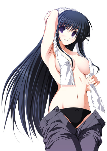 yuuki makoto (radiant), original, 1girl, arm behind head, armpits, black hair, black panties, bow, bow panties, breasts, denim, female focus, jeans, long hair, lowleg, lowleg panties, navel, no bra, open pants, panties, pants, purple eyes, smile, solo, tomboy, topless female, towel, towel on head, underwear