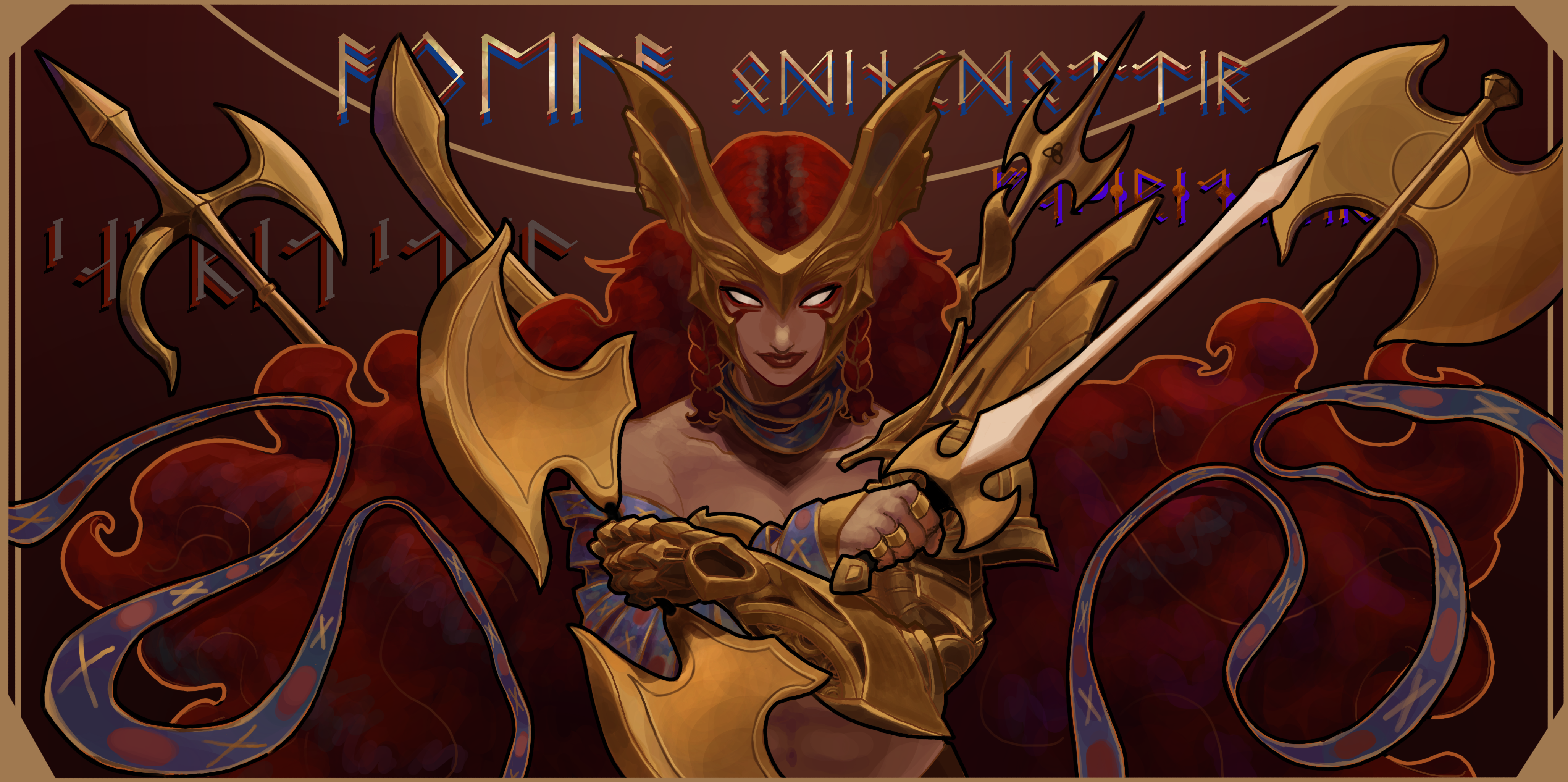 marvel, marvel rivals, absurdres, highres, non-web source, angela (marvel), axe, gold, holding, holding polearm, holding weapon, mascaraline, polearm, sword, weapon, white eyes