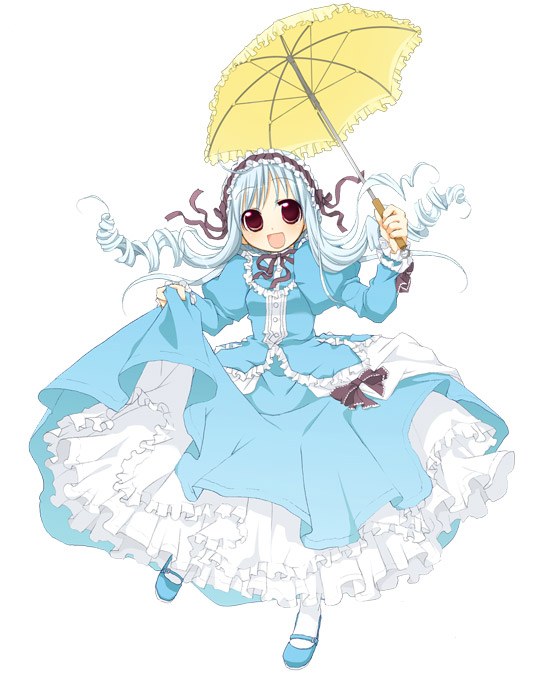 koshou shichimi, aria (sister princess), original, sister princess, 00s, blue hair, blue shoes, brown eyes, dress, frills, hair ribbon, ribbon, shoes, solo, umbrella