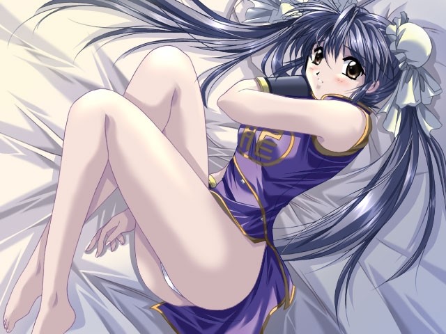 yamamoto kazue, li minghua, castle fantasia 3, third-party source, blue hair, blush, brown eyes, china dress, chinese clothes, dress, long hair, lying, panties, pantyshot, solo, twintails, underwear, white panties