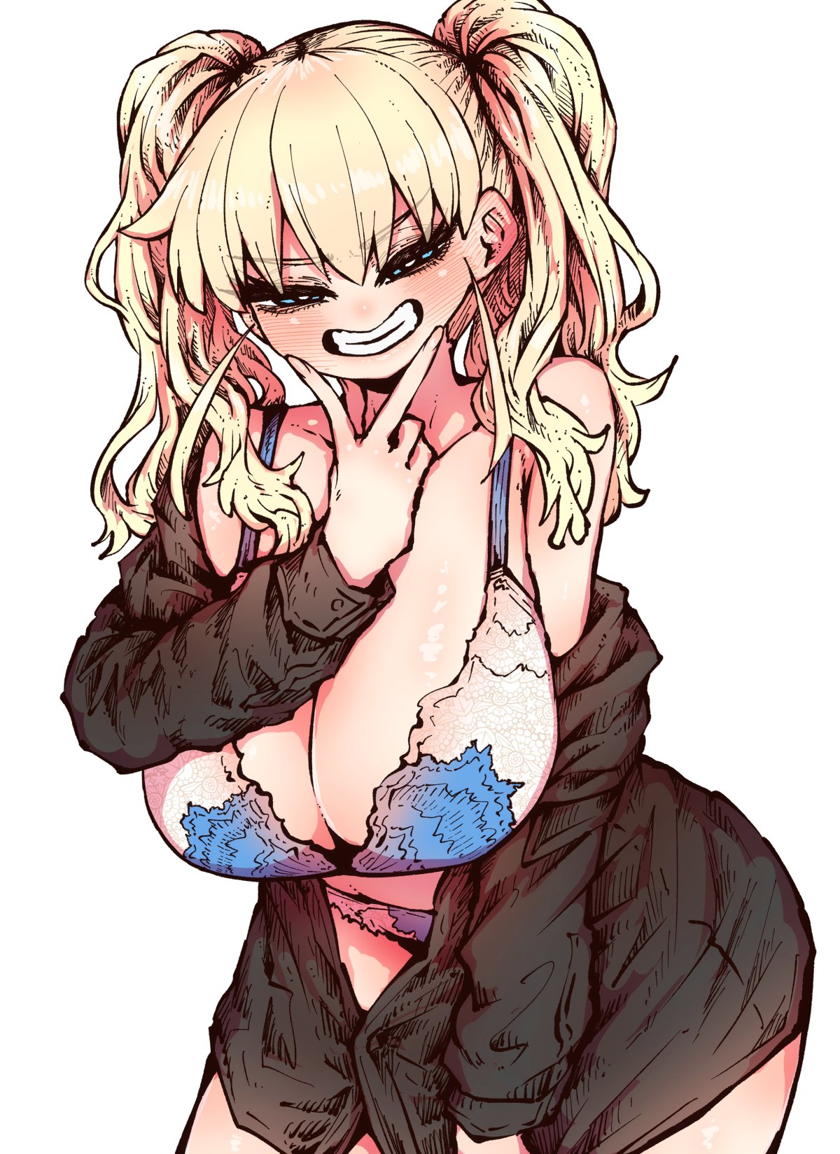 zyugoya, highres, 1girl, aroused, bare shoulders, black shirt, blonde hair, blue bra, blue eyes, blue panties, blush, bra, breasts, cleavage, collarbone, huge breasts, kanzaki akane (ss kabushikigaisha), large breasts, long hair, long sleeves, looking at viewer, naughty face, navel, off-shoulder shirt, off shoulder, panties, shirt, simple background, smile, solo, ss kabushikigaisha, twintails, underwear, white background