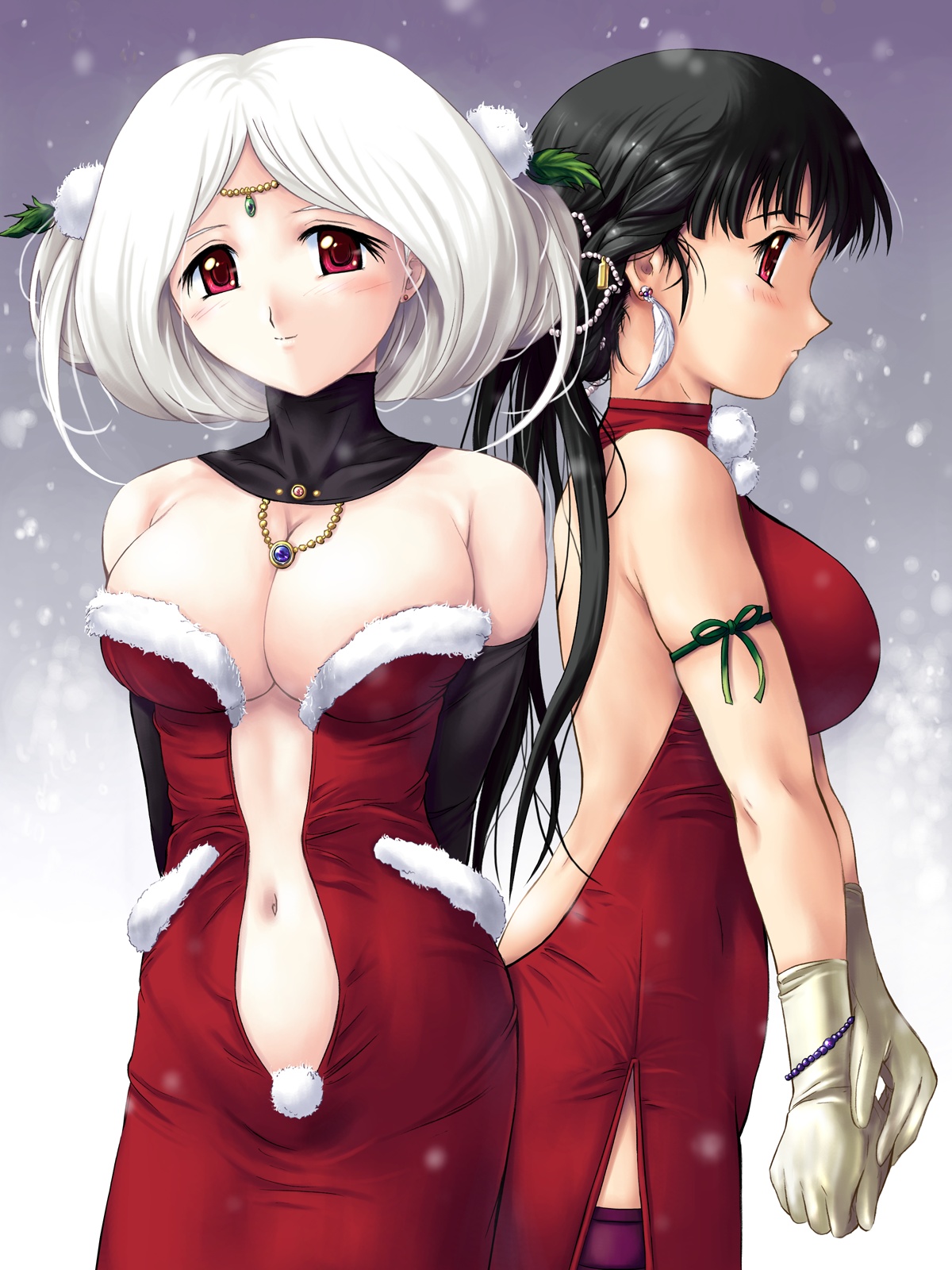 zundarepon, highres, 2girls, albino, armband, arms behind back, black hair, blush, bracelet, breasts, center opening, christmas, cleavage, dress, earrings, elbow gloves, feathers, gloves, hair ornament, jewelry, large breasts, long hair, multiple girls, navel, necklace, outdoors, purple thighhighs, red dress, red eyes, santa costume, short hair, snow, thighhighs, turtleneck, white hair
