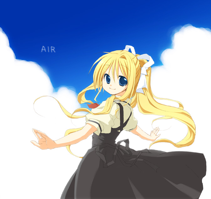 koshou shichimi, kamio misuzu, air (visual novel), 00s, blonde hair, blue eyes, hair ribbon, long hair, ribbon, solo, very long hair