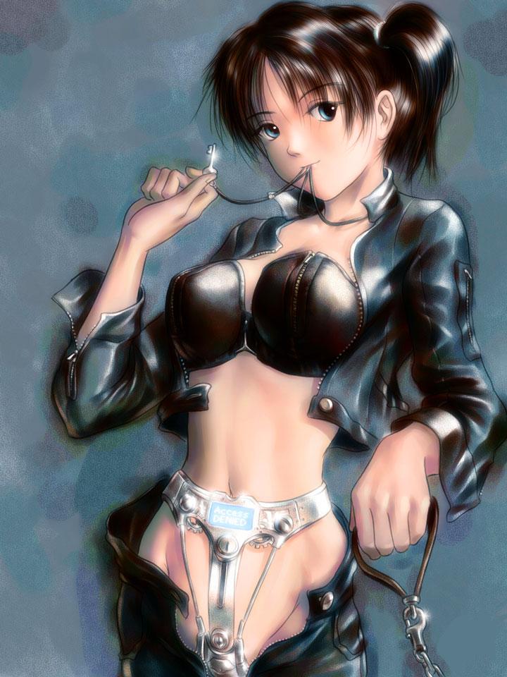 s zenith lee, jpeg artifacts, 1girl, bdsm, black hair, blue eyes, bra, brown hair, chastity belt, jacket, key, leather, leather jacket, leatherjacket, lingerie, open fly, short hair, solo, twintails, underwear, undressing, unzipped, zipper