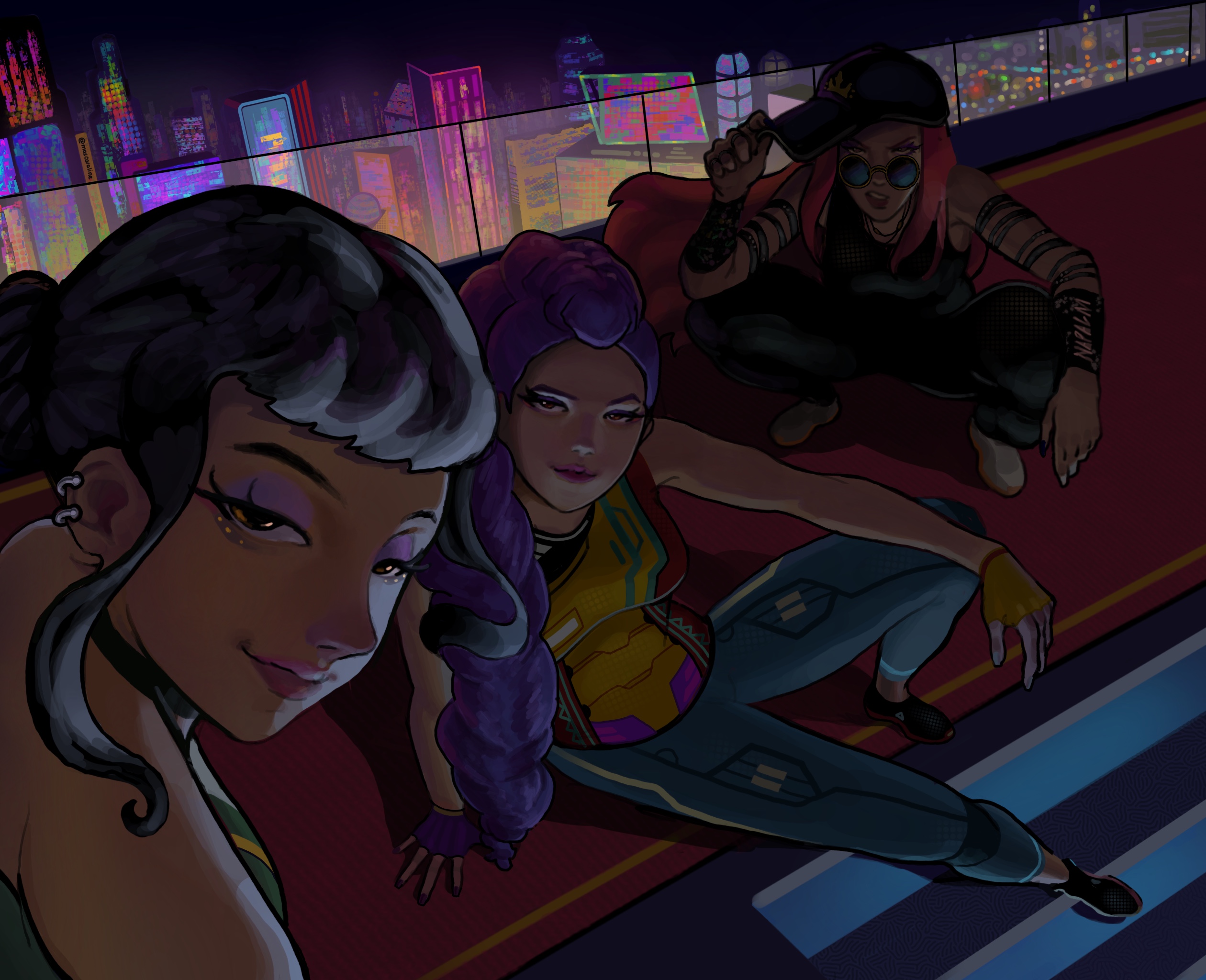 mira (kpop demon hunters), rumi (kpop demon hunters), zoey (kpop demon hunters), kpop demon hunters, highres, non-web source, 3girls, alternate costume, cityscape, earrings, jewelry, looking at viewer, mascaraline, multiple girls, night, red carpet, squatting