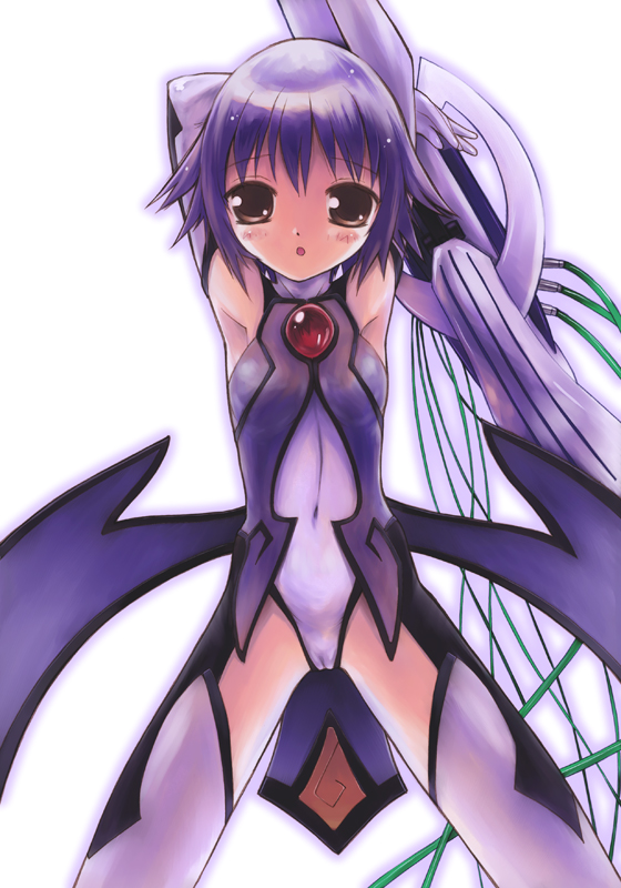 akiyoshi yoshiaki, mone, yumeria, 00s, 1girl, armpits, arms up, blush, bodysuit, brown eyes, cameltoe, elbow gloves, female focus, flat chest, gloves, open mouth, purple bodysuit, purple hair, short hair, solo, thigh gap, thighs