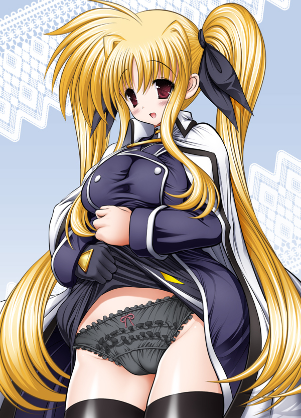 raidon, fate testarossa, fate testarossa (impulse form), lyrical nanoha, mahou shoujo lyrical nanoha, 00s, 1girl, black panties, black thighhighs, blonde hair, blush, bow, bow panties, breasts, cameltoe, clothes lift, female focus, frilled panties, frills, gloves, hair ribbon, long hair, panties, red eyes, ribbon, skirt, skirt lift, solo, thighhighs, twintails, underwear, very long hair