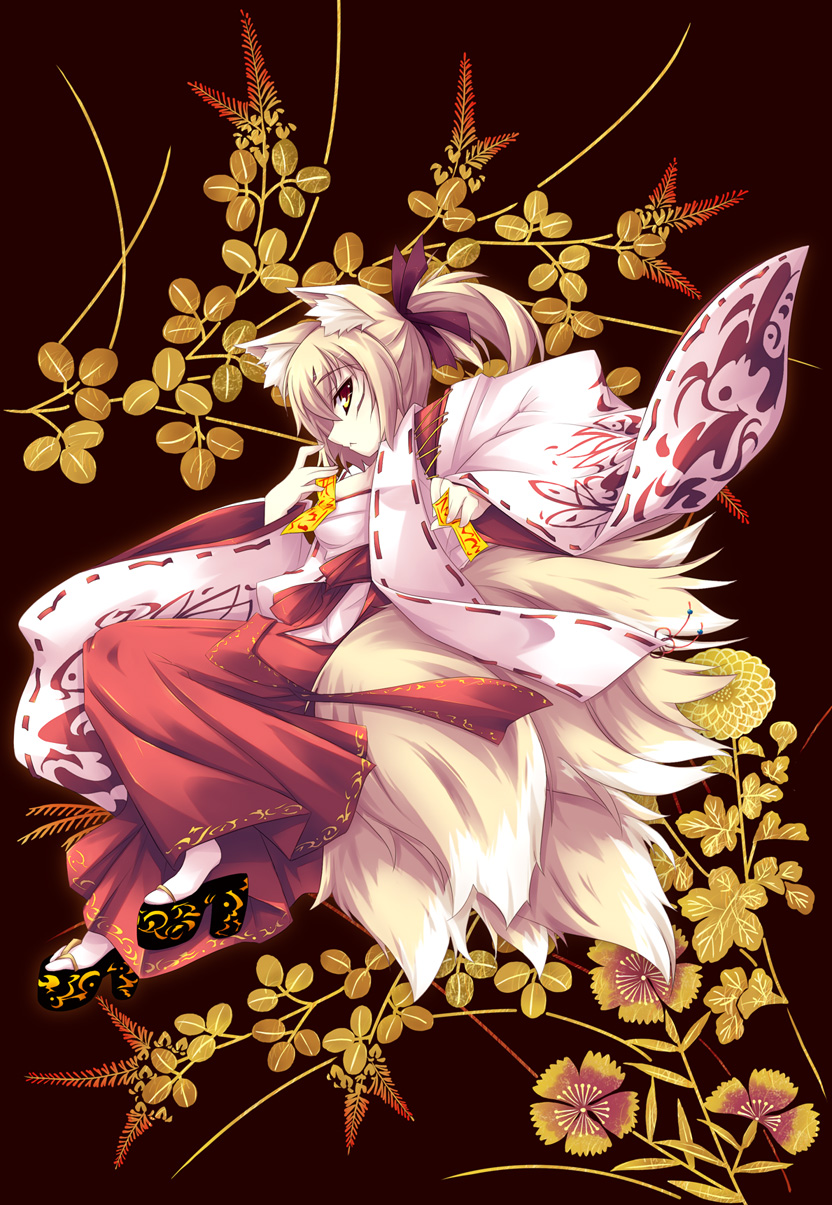 shimakaze (soundz of bell), original, highres, 1girl, animal ear fluff, animal ears, blonde hair, breasts, female focus, fox, fox ears, fox tail, from side, geta, hair ribbon, hakama, hakama skirt, japanese clothes, kimono, long hair, medium breasts, miko, multiple tails, ofuda, ponytail, profile, red hakama, ribbon, skirt, solo, tabi, tail, yellow eyes