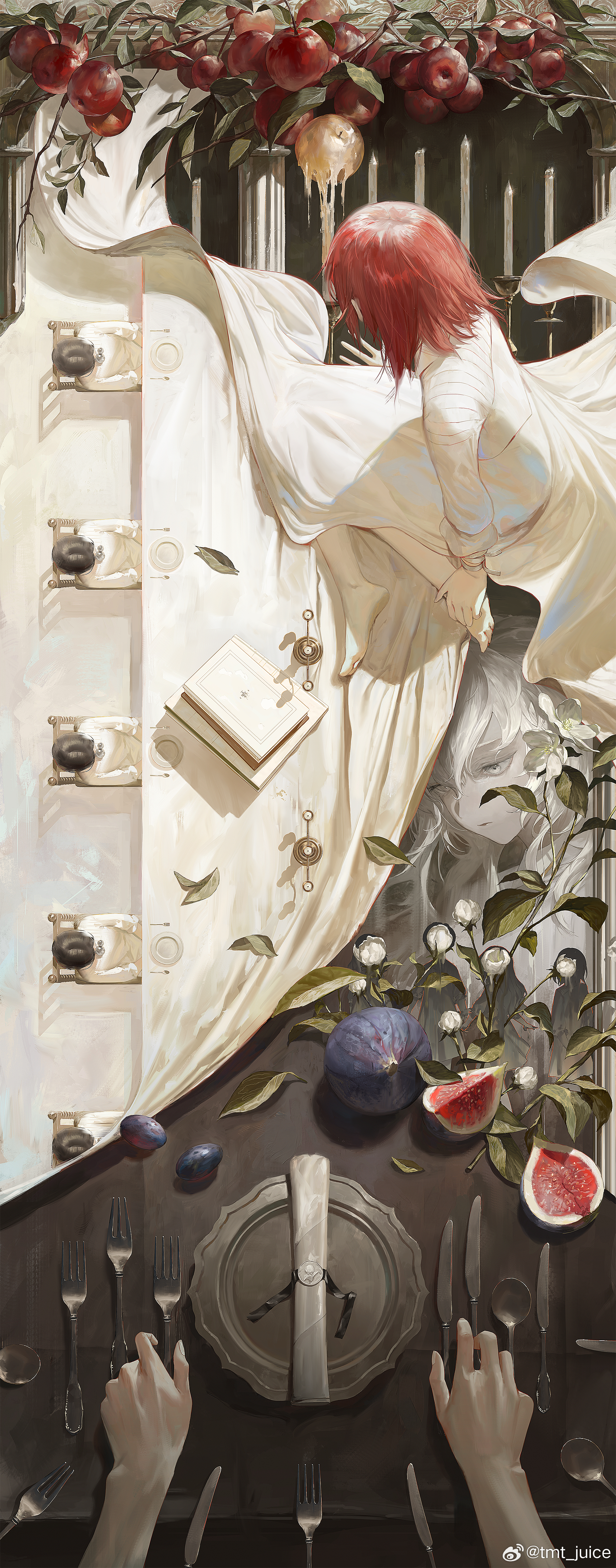 tmt, original, absurdres, commentary request, highres, 2girls, 6+others, apple, barefoot, candle, candlestand, dishes, dress, feet, flower, food, fork, fruit, grey hair, hand on own foot, knife, long dress, mini person, multiple girls, multiple others, plate, pov, pov hands, red hair, size difference, spoon, watermark, weibo watermark, white dress, white flower
