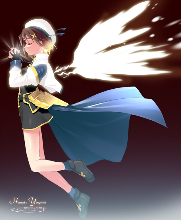 kantoku, yagami hayate, lyrical nanoha, mahou shoujo lyrical nanoha, mahou shoujo lyrical nanoha strikers, 00s, brown hair, closed eyes, short hair, solo, wings