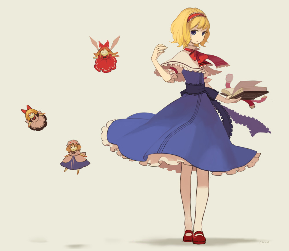 iwamoto zerogo, alice margatroid, touhou, 4girls, blonde hair, blue eyes, book, doll, dress, female focus, frills, hairband, multiple girls, necktie, shoes, short hair, solo