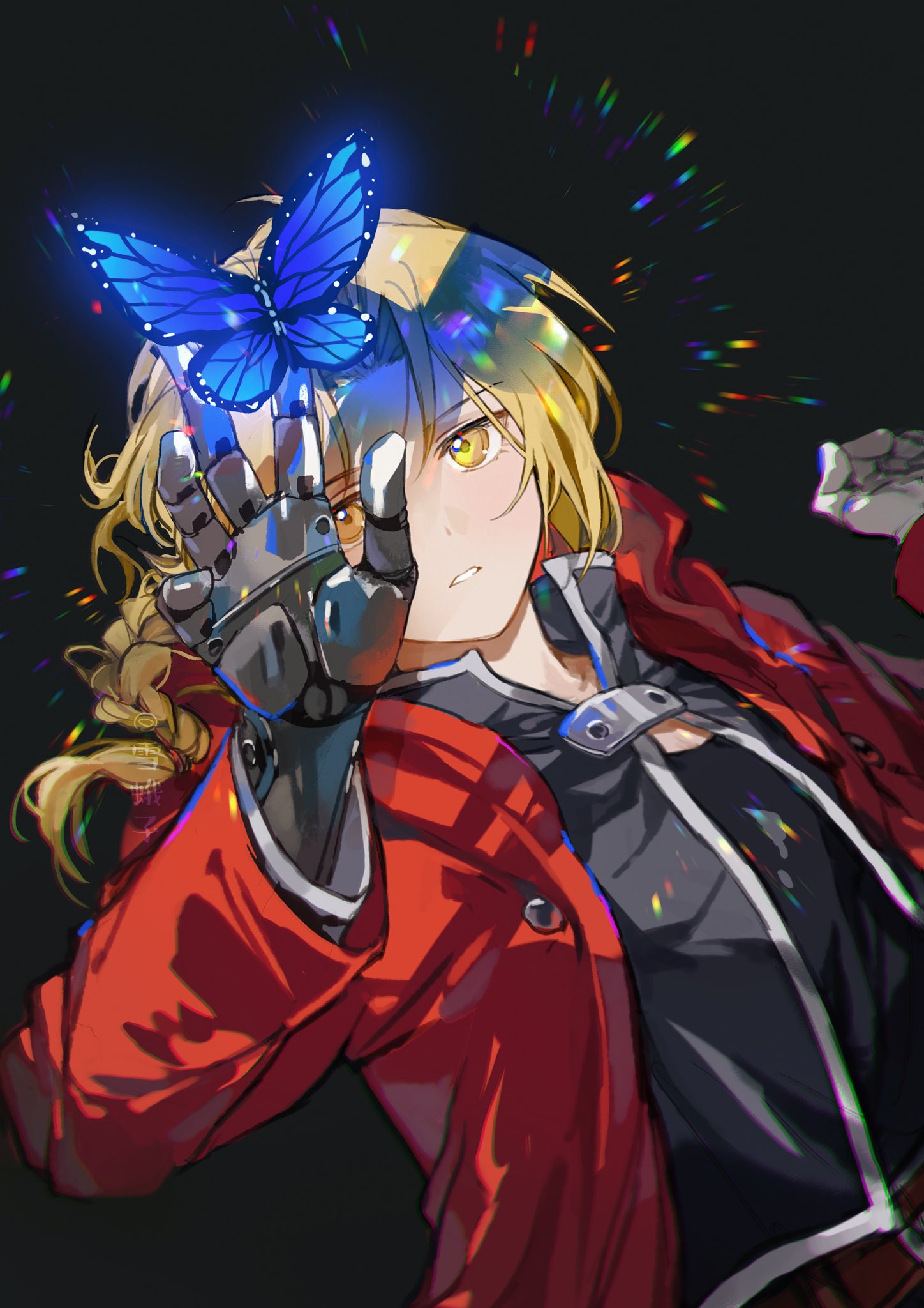 xue ezi, edward elric, fullmetal alchemist, highres, 1boy, belt, black background, black jacket, blonde hair, blue butterfly, braid, brown belt, bug, butterfly, coat, gloves, hands up, insect, jacket, long hair, male focus, open clothes, open coat, parted lips, prosthesis, prosthetic arm, red coat, single braid, solo, teeth, upper body, white gloves, yellow eyes