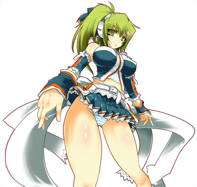 aoguu, kitami erika, beatmania iidx, beatmania iidx 14 gold, bemani, 1girl, breasts, covered erect nipples, female focus, green eyes, green hair, headphones, lace, large breasts, matching hair/eyes, midriff, panties, ponytail, skirt, solo, striped clothes, striped panties, thighs, underwear, upskirt