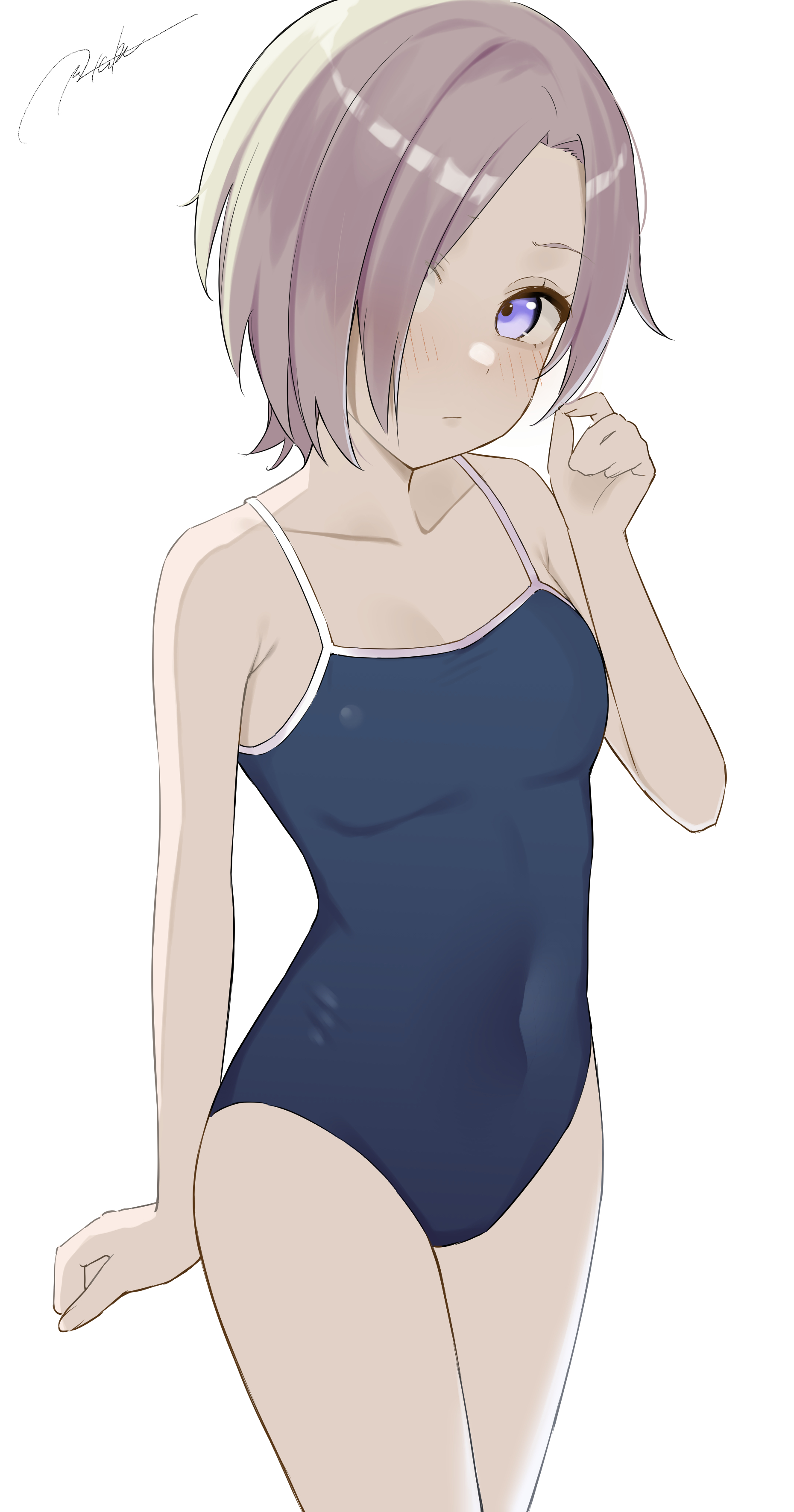 masami atabe, mia taylor, love live!, love live! nijigasaki high school idol club, absurdres, commentary, highres, 1girl, blue one-piece swimsuit, breasts, collarbone, competition school swimsuit, covered navel, grey hair, hair over one eye, one-piece swimsuit, purple eyes, school swimsuit, short hair, small breasts, solo, standing, swimsuit