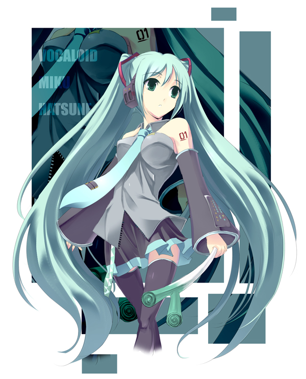 satomi (black scarecrow), hatsune miku, vocaloid, 1girl, blue hair, female focus, long hair, solo, thighhighs, twintails, very long hair