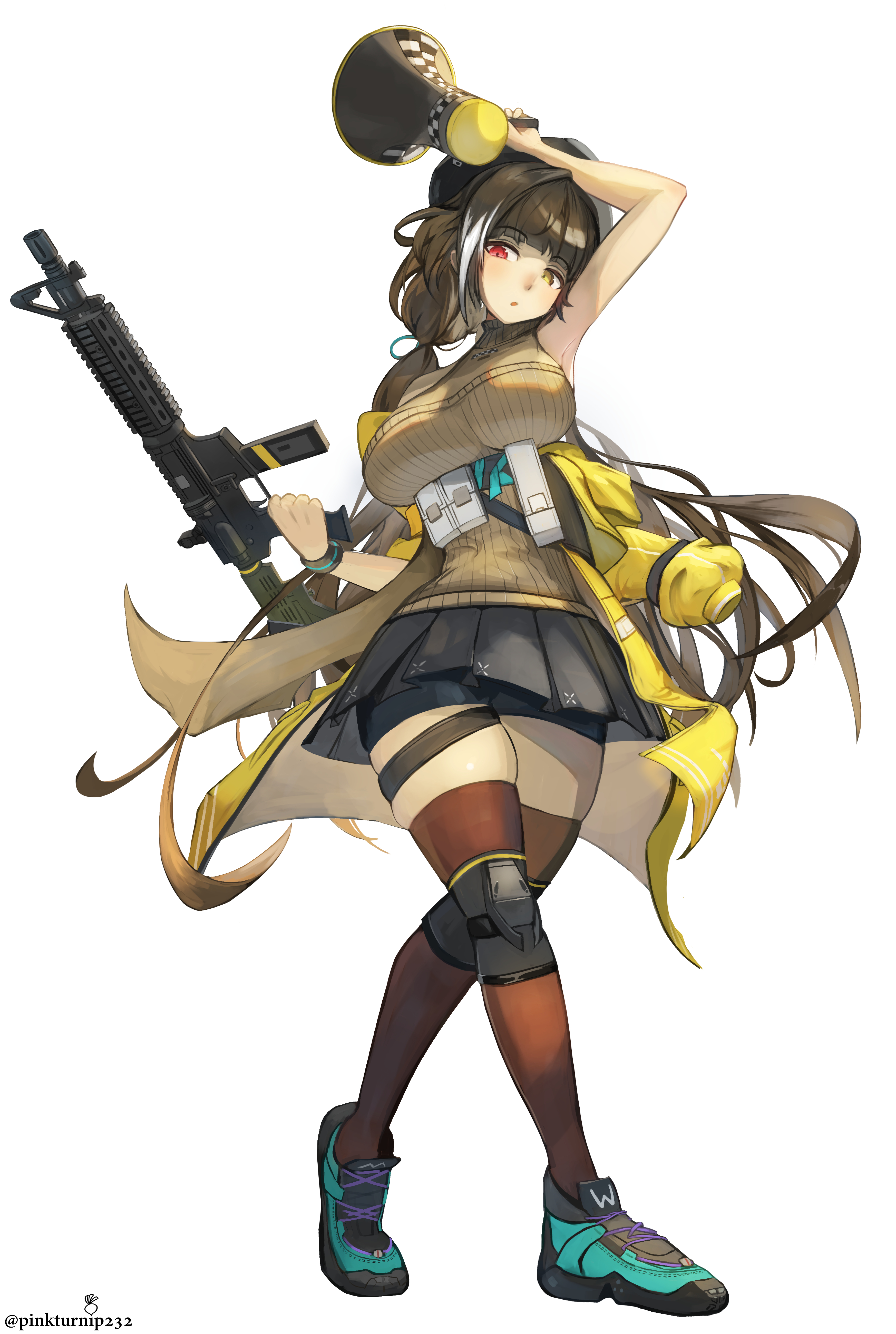 pinkturnip232, ro635 (girls' frontline), robella (girls' frontline 2), girls' frontline, girls' frontline 2: exilium, absurdres, highres, 1girl, arm up, armpits, bare shoulders, bike shorts, black shorts, black skirt, breasts, brown hair, clothes pull, expressionless, full body, gun, hand up, heart, hip focus, holding, holding gun, holding megaphone, holding weapon, jacket, jacket pull, large breasts, long hair, megaphone, miniskirt, multicolored hair, off shoulder, open clothes, open jacket, open mouth, pleated skirt, red eyes, shorts, skindentation, skirt, sleeveless, sleeveless sweater, solo, standing, streaked hair, submachine gun, sweater, thigh strap, thighhighs, thighs, two-tone hair, very long hair, weapon, white hair, yellow eyes, yellow jacket