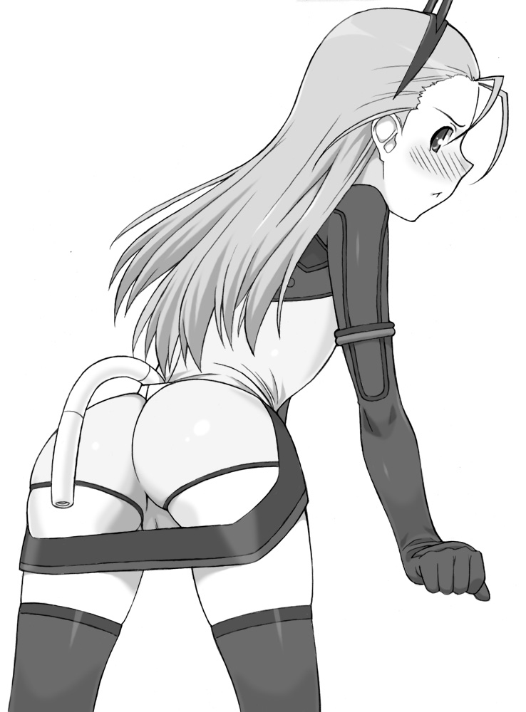 shichimenchou, elise von dietrich, sky girls, pilot suit, >:<, 00s, 1girl, :<, angry, animal ears, antenna hair, ass, blush, cable, cameltoe, clenched hand, closed mouth, cowboy shot, embarrassed, entry plug, fake animal ears, female focus, flat chest, from behind, frown, gloves, greyscale, hairband, headgear, leaning forward, leotard, loli, long hair, looking at viewer, looking back, mecha pilot suit, monochrome, motion slit, motionslit, nose blush, plugsuit (evangelion), profile, pussy, pussy peek, simple background, skindentation, solo, tail, thighhighs, v-shaped eyebrows