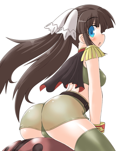 naitou kouse, acguy, catharine blitzen, naitou, gundam, gundam card builder, uniform, ass, belt, black hair, blue eyes, blush, cape, long hair, looking back, mecha, midriff, open mouth, panties, robot, see-through clothes, solo, straddling, thighhighs, thong, twintails, underwear, zettai ryouiki