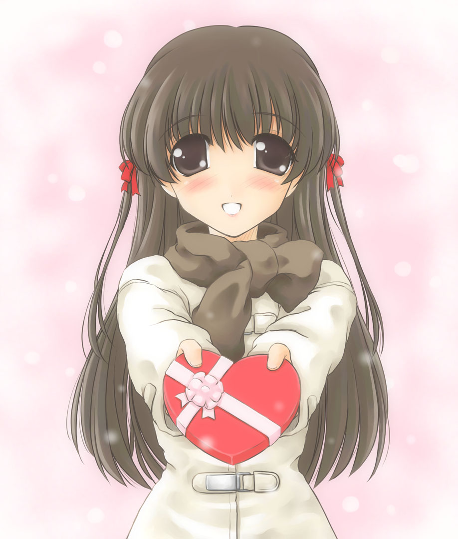hide (rightstuff annex), 1girl, :d, blush, bow, brown eyes, brown hair, brown scarf, chocolate, coat, female focus, hair ribbon, incoming gift, long hair, looking at viewer, open mouth, ribbon, scarf, smile, solo, upper body, valentine