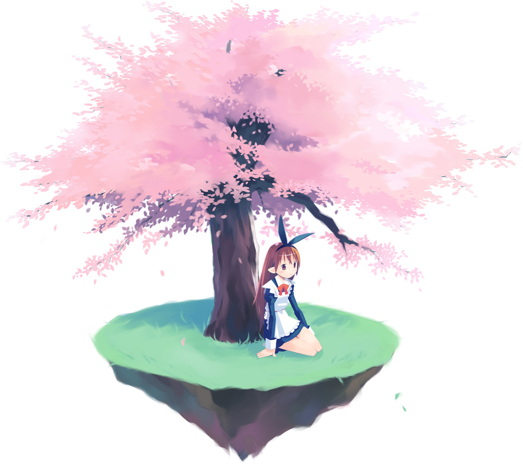 asami natsuhito, original, 1girl, arm support, brown eyes, brown hair, cherry blossoms, female focus, hair ornament, island, long hair, pointy ears, sitting, solo, tree