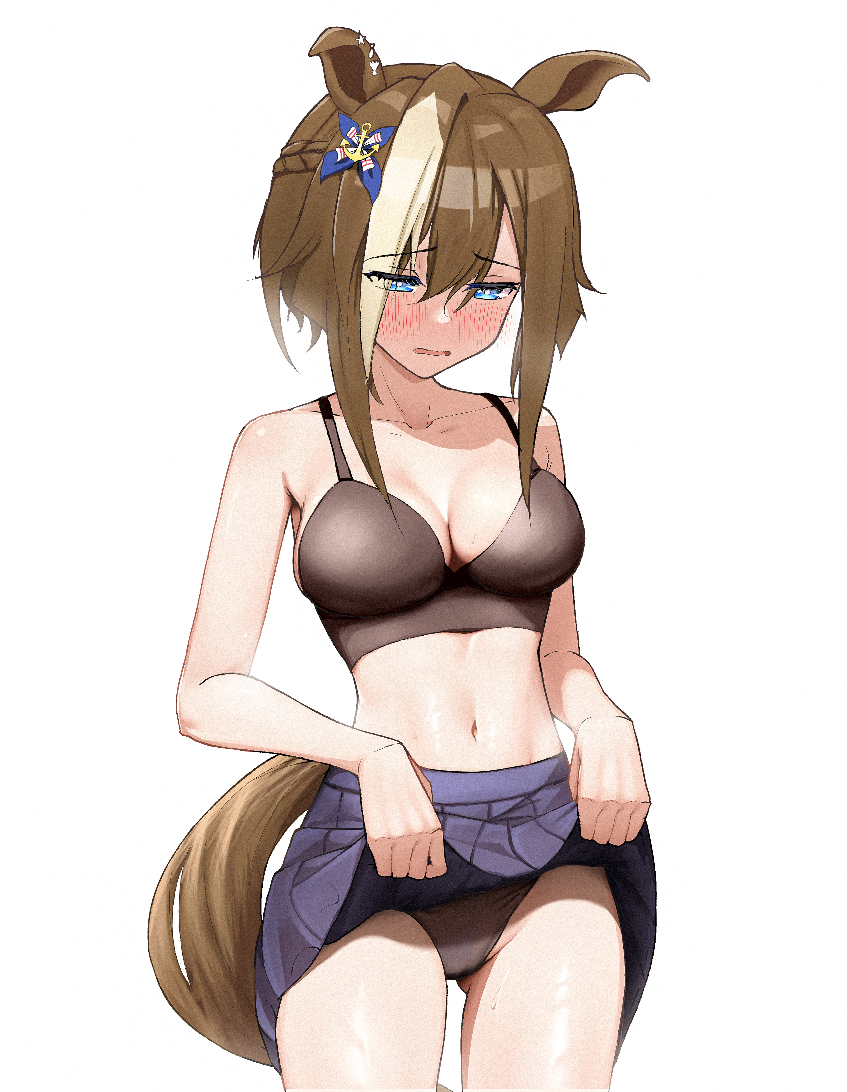 kuromasa, cheval grand (umamusume), umamusume, absurdres, highres, 1girl, animal ears, blue eyes, blush, bra, breasts, clothes lift, embarrassed, hair ornament, hairpin, horse girl, multicolored hair, panties, short hair, simple background, skirt, skirt lift, sweat, tail, underwear