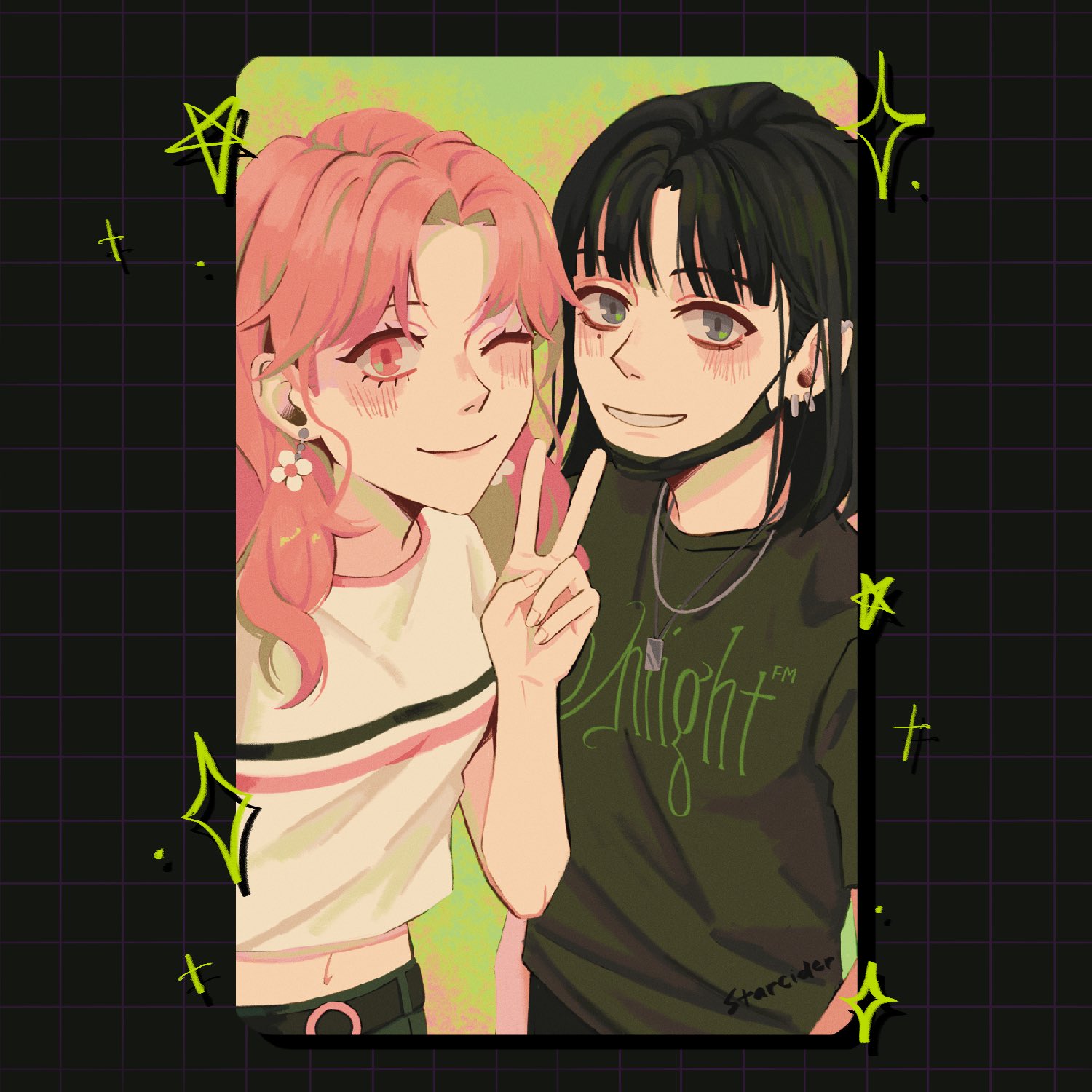 star cider, koga mitsuki, oosawa aya, kininatteru hito ga otoko ja nakatta, commentary, english commentary, highres, artist name, belt, black background, black belt, black hair, blush, dog tags, earrings, flower earrings, green eyes, grid background, grin, hand up, inset border, jewelry, long hair, looking at viewer, mask pull, medium hair, midriff peek, mole, mole under eye, necklace, one eye closed, parted bangs, pink eyes, pink hair, print shirt, shirt, short sleeves, smile, star (symbol), t-shirt, upper body, v, wavy hair, white shirt