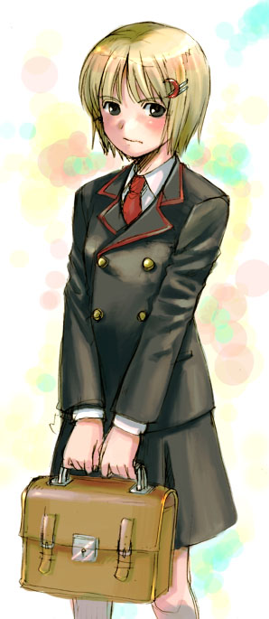 aro s, shimakusa arou, lunasa prismriver, touhou, 1girl, alternate costume, black skirt, blazer, blonde hair, blush, briefcase, brown eyes, buttons, female focus, grey thighhighs, holding, jacket, looking at viewer, school briefcase, school uniform, serafuku, short hair, skirt, solo, thighhighs, zettai ryouiki