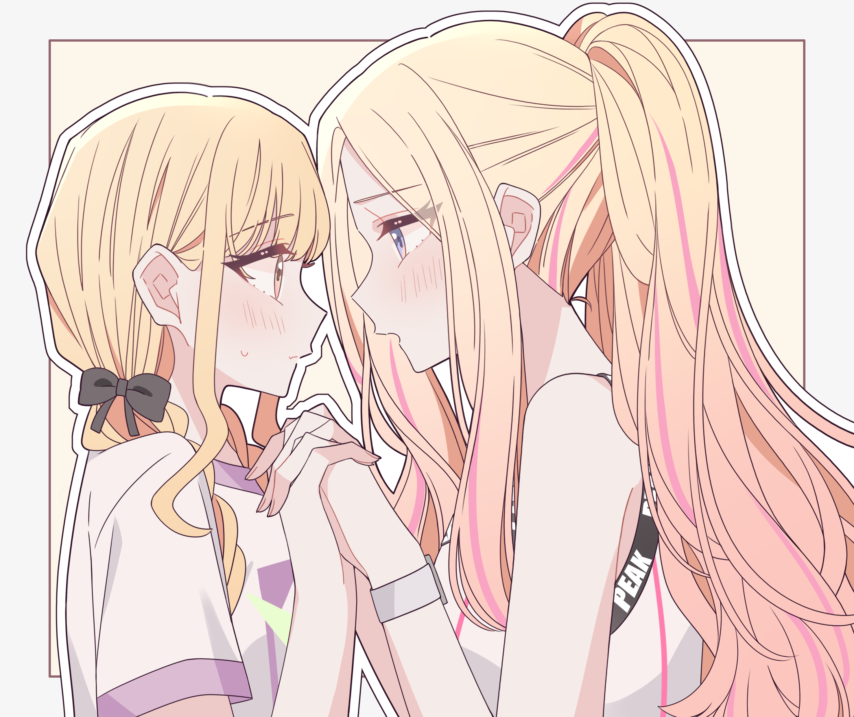 kousaka 0v0, fujita kotone, juo sena, gakuen idolmaster, idolmaster, absurdres, commentary, highres, 2girls, black bow, blonde hair, blush, border, bow, braid, closed mouth, hair bow, holding hands, interlocked fingers, long hair, multiple girls, open mouth, orange eyes, outline, pink streaks, ponytail, purple eyes, shirt, short sleeves, simple background, sweatdrop, tank top, twin braids, upper body, watch, white border, white outline, white shirt, white tank top, wristwatch, yellow background, yuri