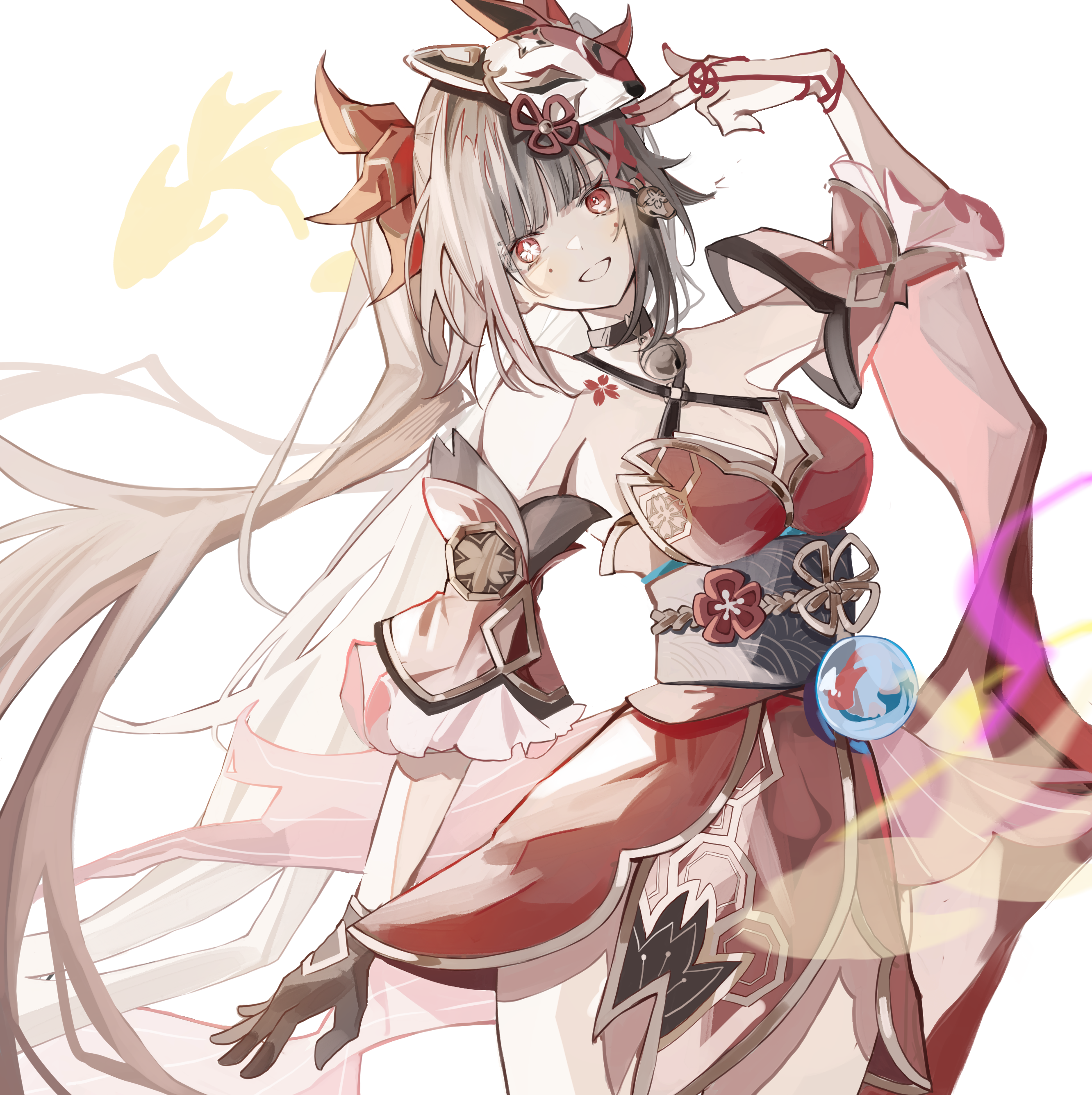 ren (renjiyu), sparkle (honkai: star rail), honkai: star rail, honkai (series), absurdres, commentary request, highres, 1girl, arm up, bare shoulders, bell, black choker, black sash, breasts, brown hair, butterfly-shaped pupils, chest tattoo, choker, cleavage, cowboy shot, criss-cross halter, detached sleeves, dress, finger gun, finger gun to head, flower-shaped pupils, flower tattoo, fox mask, gloves, halterneck, long hair, looking at viewer, mark under both eyes, mask, mask on head, neck bell, red dress, red eyes, red nails, red sleeves, sash, simple background, single glove, solo, symbol-shaped pupils, tattoo, twintails, white background