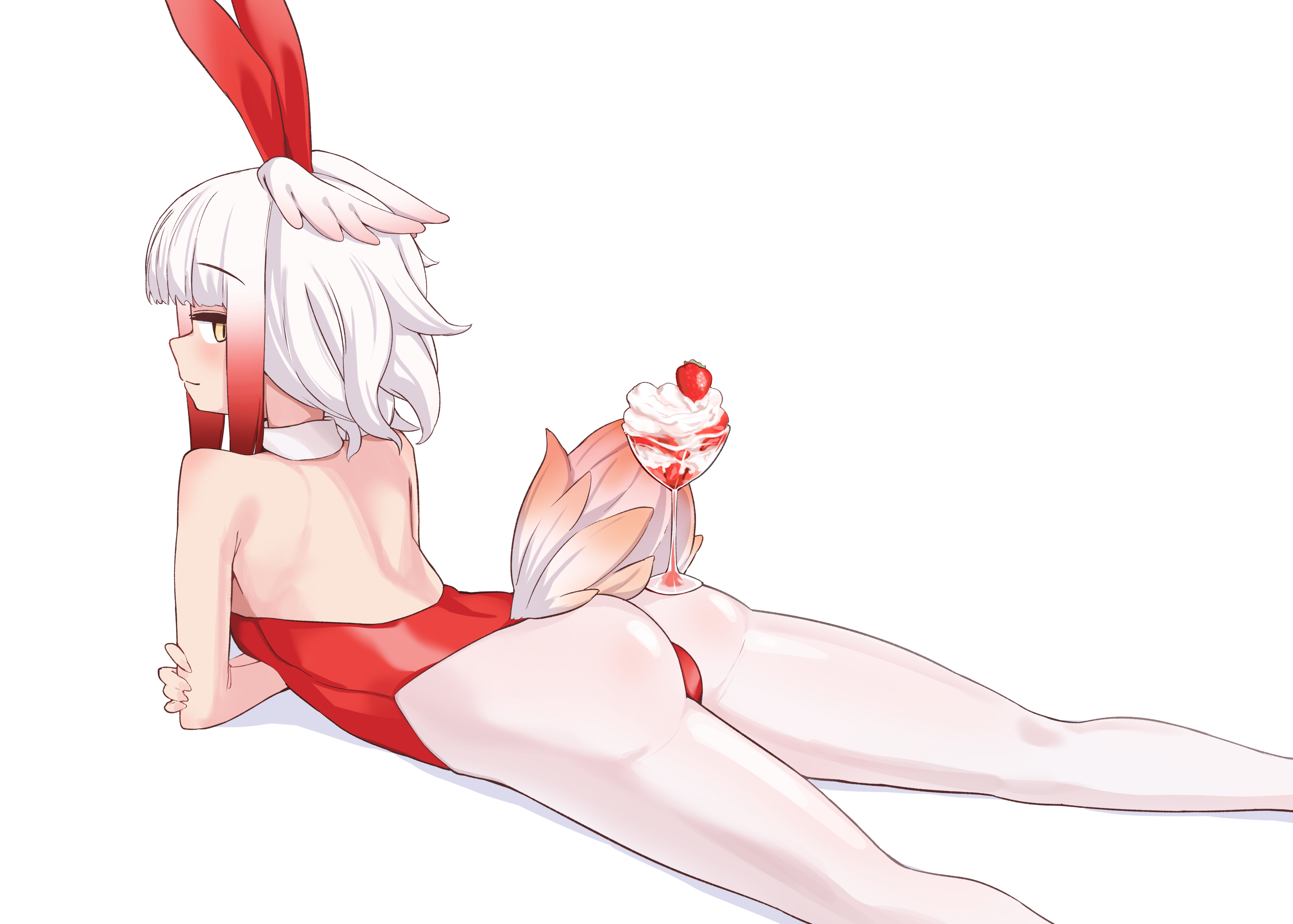 beroberobe, japanese crested ibis (kemono friends), kemono friends, 1girl, animal ears, ass, backless leotard, bare back, bare shoulders, bird girl, bird tail, breasts, collar, detached collar, fake animal ears, feathers, feet out of frame, female focus, food, from behind, head wings, ice cream, leotard, looking at viewer, looking back, lying, medium hair, multicolored hair, naughty face, on stomach, pantyhose, petite, playboy bunny, profile, rabbit ears, red hair, red leotard, simple background, small breasts, smug, solo, strapless, strapless leotard, tail, two-tone hair, white background, white collar, white feathers, white hair, white pantyhose, wings, yellow eyes
