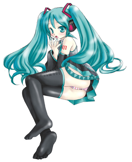 hatsune miku, vocaloid, aqua eyes, aqua hair, blush, detached sleeves, headphones, headset, long hair, lying, microphone, open mouth, panties, skirt, solo, striped clothes, striped panties, tattoo, thighhighs, twintails, underwear, zettai ryouiki