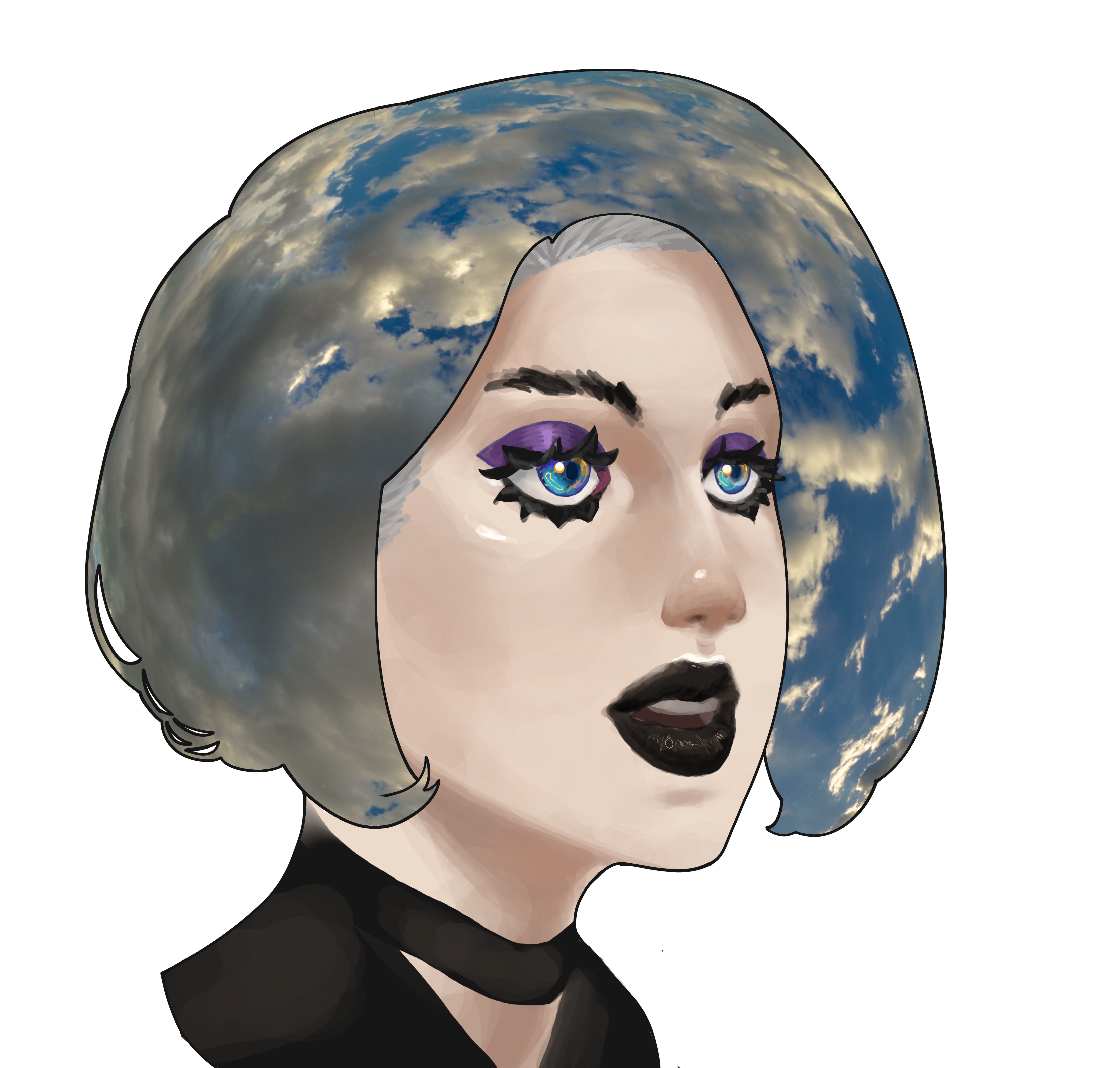 original, absurdres, highres, non-web source, alternate hair color, blue eyes, eyelashes, eyeshadow, goth fashion, grey hair, lips, makeup, mascaraline, sky