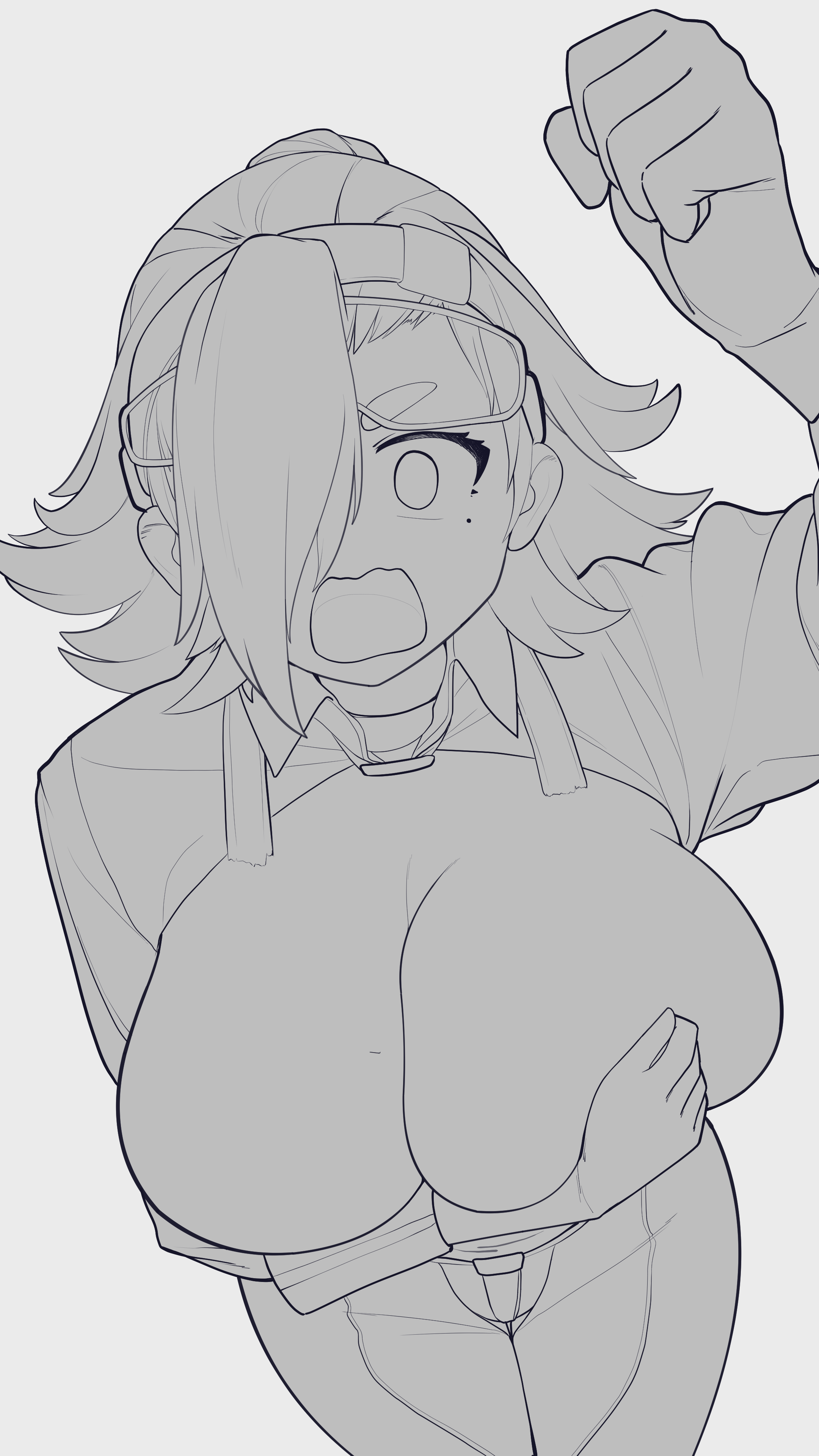 saiskh, girls' frontline, girls' frontline 2: exilium, absurdres, commentary, english commentary, highres, 1girl, arm up, balthilde (girls' frontline 2), blush, breasts, cleavage, clenched hand, collared shirt, covering breasts, covering nipples, covering privates, crop top, embarrassed, from above, frontless outfit, green hairband, greyscale, hair over one eye, hairband, hand up, large breasts, looking at viewer, looking up, medium hair, mole, mole under eye, monochrome, no bra, pants, shirt, solo, standing, surprised, torn clothes, wardrobe malfunction, welding goggles, wide-eyed