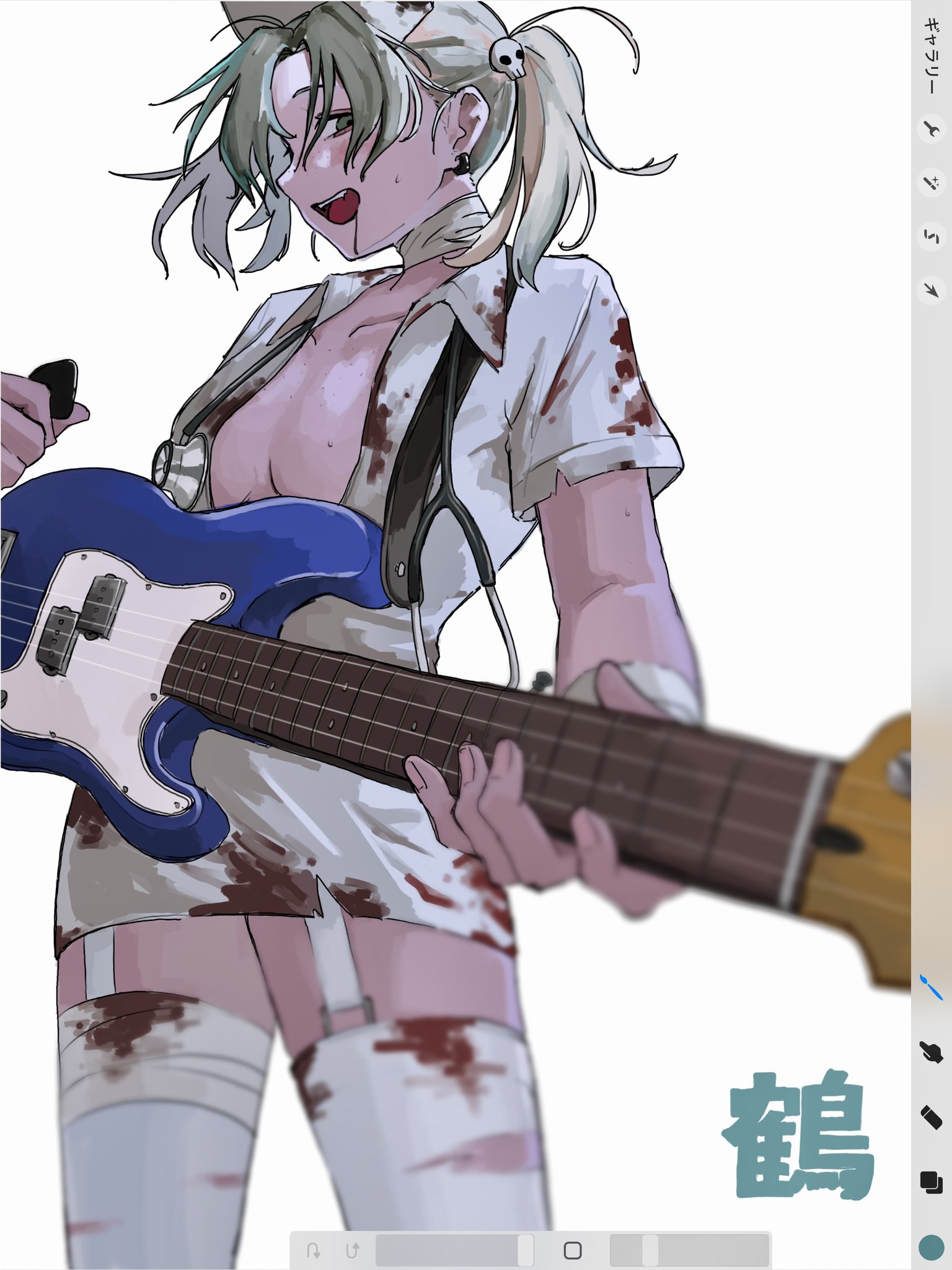 kusakabe (kskb e), tsuru asaka, futsuu no keion-bu, commentary request, highres, 1girl, art program in frame, bandaged arm, bandaged leg, bandaged neck, bandages, bass guitar, blood, blood on clothes, blood on face, body freckles, breasts, character name, chest freckles, collared dress, cowboy shot, dress, fake blood, fender precision bass, freckles, garter straps, grey eyes, grey hair, hair ornament, halloween costume, hat, holding, holding bass guitar, holding instrument, holding plectrum, instrument, medium breasts, no bra, nurse, nurse cap, official alternate costume, official alternate hairstyle, open clothes, open dress, open mouth, parted bangs, plectrum, procreate (software), short dress, short sleeves, skull hair ornament, solo, stethoscope, stethoscope around neck, thighhighs, torn clothes, torn dress, twintails, white background, white thighhighs