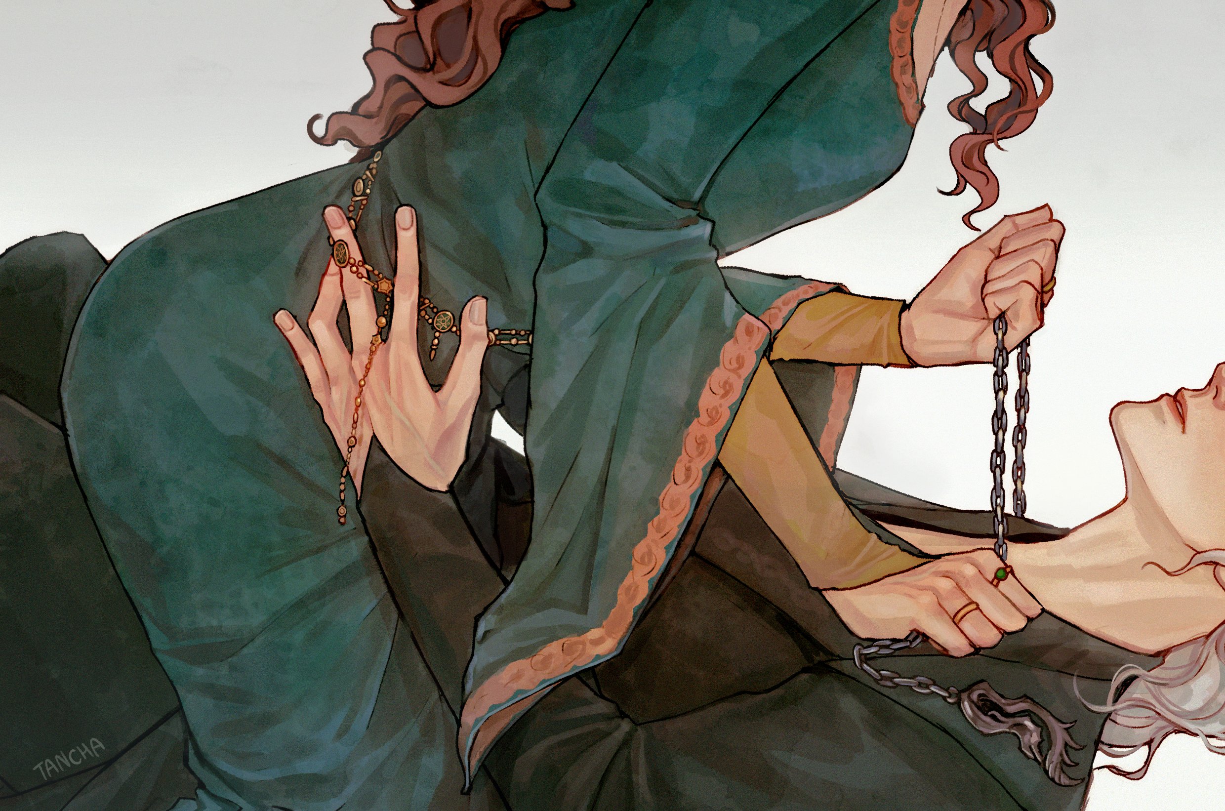 tcn tancha, alicent hightower, rhaenyra targaryen, a song of ice and fire, commentary, english commentary, highres, 2girls, black dress, chain, chain necklace, dress, green dress, grey background, grey hair, hand on another's waist, jewelry, multiple girls, multiple rings, necklace, parted lips, red hair, ring, straddling, yuri