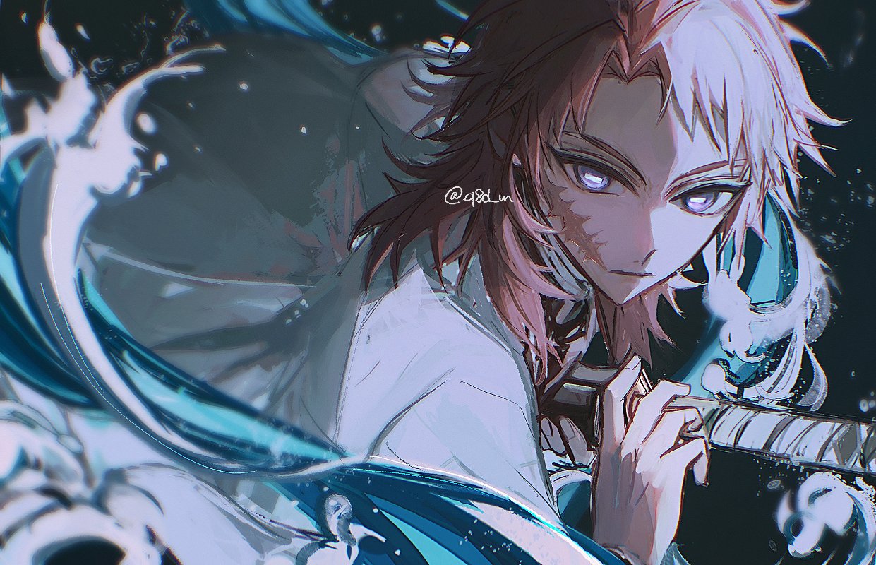 sabito (kimetsu), kimetsu no yaiba, 1boy, black background, bright pupils, closed mouth, facial scar, haori, holding, holding sword, holding weapon, japanese clothes, katana, looking at viewer, male focus, medium hair, orange hair, purple eyes, q8d m, scar, scar on cheek, scar on face, solo, spiked hair, sword, upper body, water, weapon, white haori, white pupils