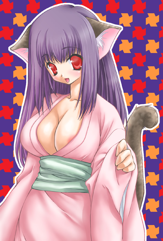 unsigned (neko), animal ears, areola slip, breasts, cat ears, cat tail, huge breasts, japanese clothes, kimono, long hair, nipple slip, nipples, purple hair, red eyes, solo, tail