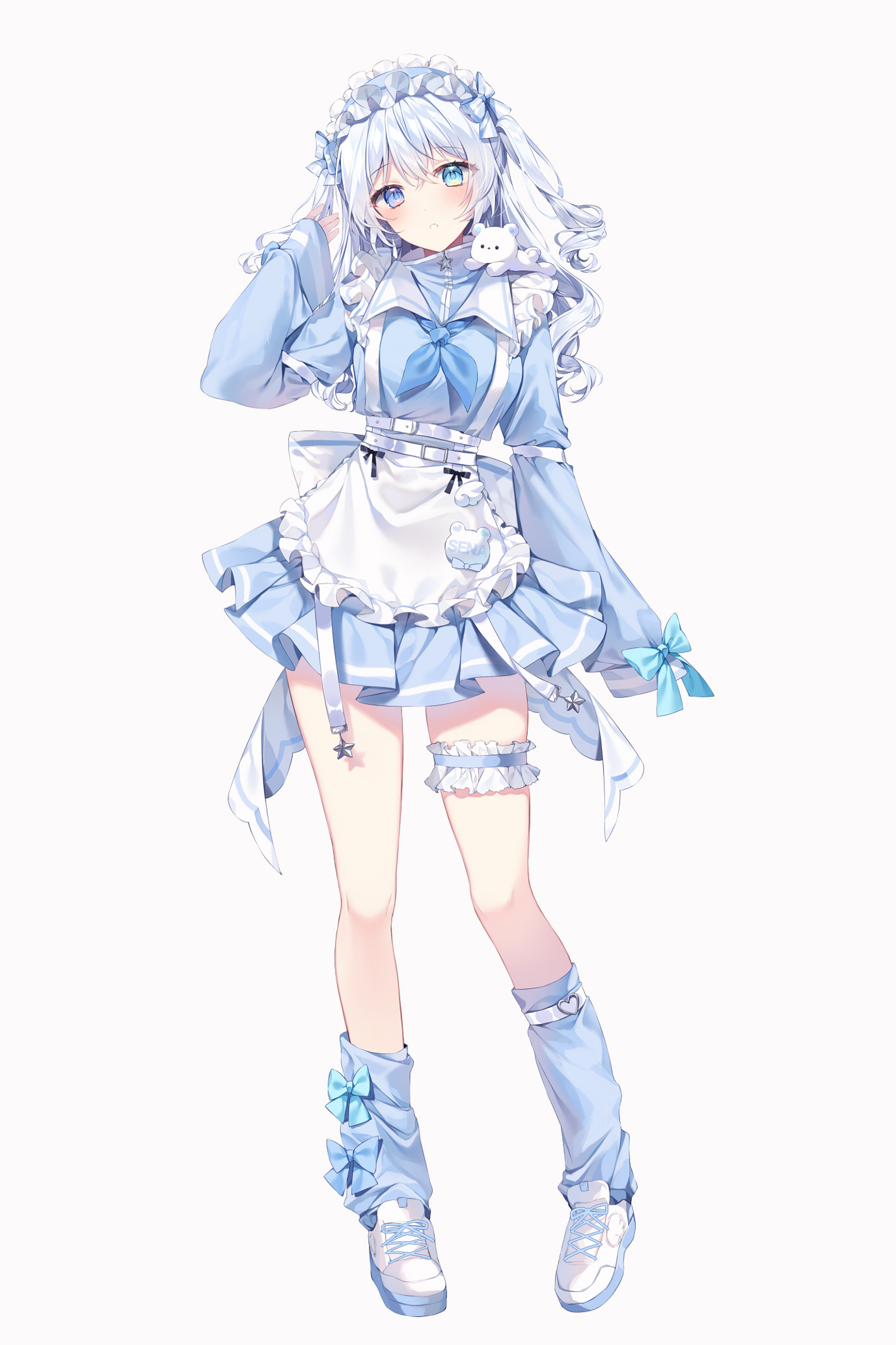taya oco, original, commentary request, highres, 1girl, apron, blue bow, blue dress, blue eyes, blue neckerchief, blush, bow, closed mouth, dress, frilled apron, frilled thigh strap, frills, frown, full body, full moon, hair between eyes, hand up, long hair, long sleeves, looking at viewer, moon, neckerchief, sailor collar, shoes, simple background, solo, standing, thigh strap, waist apron, white apron, white background, white hair, white shoes