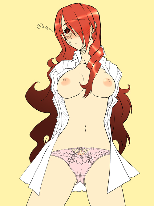ichimedoo, kirijou mitsuru, atlus, persona, persona 3, 1girl, blush, breasts, brown eyes, female focus, female pubic hair, hair over one eye, large breasts, long hair, nipples, no bra, open clothes, open shirt, panties, pink panties, pubic hair, red eyes, red hair, shirt, simple background, solo, standing, underwear