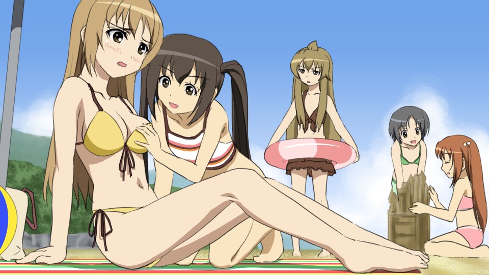 sanshita, minami chiaki, minami haruka, minami kana, uchida yuka, yoshino (minami-ke), minami-ke, 00s, 5girls, ahoge, barefoot, beach, bikini, black eyes, black hair, blush, breasts, brown eyes, brown hair, cleavage, closed eyes, day, feet, flat chest, grabbing another's breast, groping, hair bobbles, hair ornament, innertube, kneeling, large breasts, long hair, medium breasts, midriff, multiple girls, open mouth, outdoors, sand castle, sand sculpture, short hair, side-tie bikini bottom, sitting, striped bikini, striped clothes, swim ring, swimsuit, twintails, yuri
