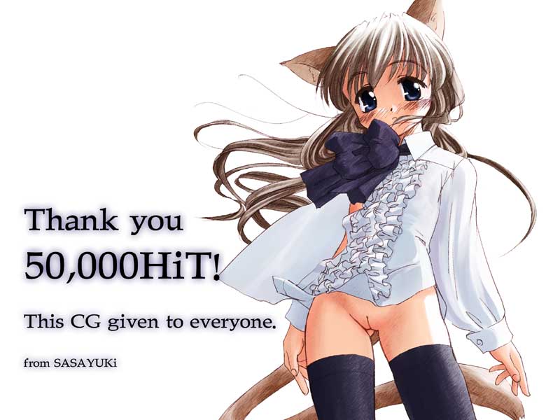 sasayuki, 1girl, animal ears, blue eyes, blush, bow, brown hair, cat ears, cat tail, cleft of venus, female focus, loli, long hair, pussy, solo, tail, thighhighs