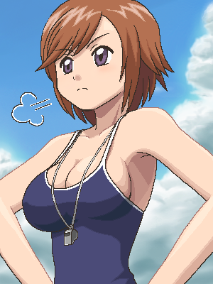 awa, houin kyouko, kodomo no jikan, lowres, 00s, 1girl, breasts, brown hair, cleavage, female focus, grey eyes, hands on own hips, jaggy lines, large breasts, oekaki, one-piece swimsuit, school swimsuit, short hair, sideboob, sign, solo, swimsuit, undersized clothes, whistle