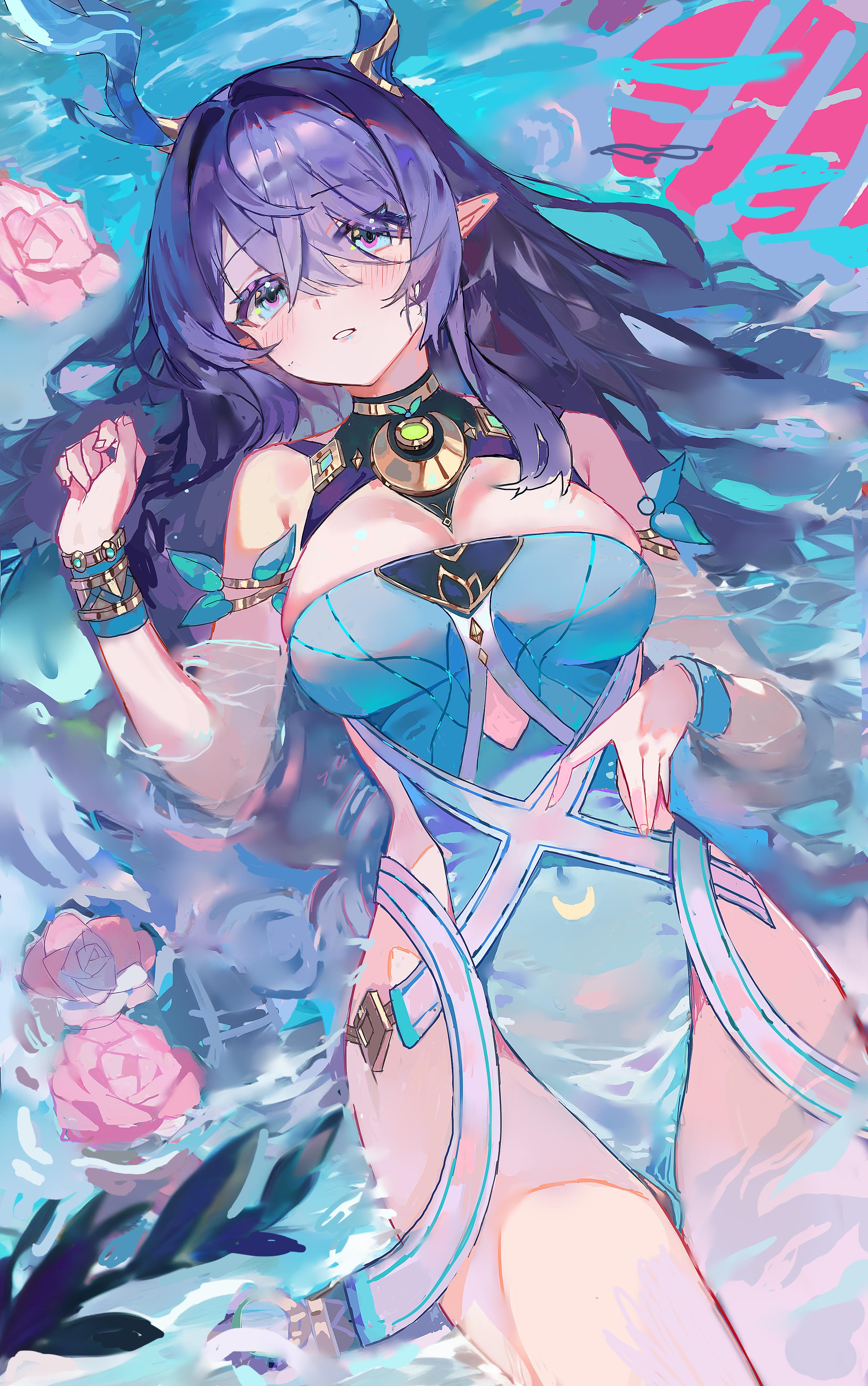 duzizai, lauma (genshin impact), genshin impact, absurdres, commentary request, highres, 1girl, bare shoulders, blue dress, blue eyes, blue hair, blush, breasts, dress, fingernails, flower, hair between eyes, hand up, large breasts, long hair, looking at viewer, lying, on back, parted lips, partially submerged, pink flower, pointy ears, sleeveless, sleeveless dress, solo, very long hair, water