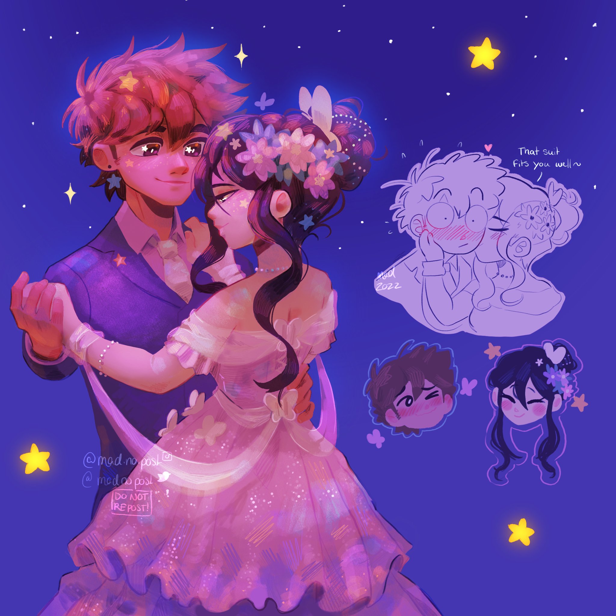 madnopost, hero (faraway) (omori), hero (omori), mari (faraway) (omori), mari (omori), omori, highres, > o, 1boy, 1girl, alternate costume, alternate hairstyle, artist name, black eyes, black hair, blue suit, blush, bright pupils, brown eyes, brown hair, closed eyes, closed mouth, collared shirt, dark-skinned male, dark skin, dress, earrings, flower, formal clothes, hair bun, hair flower, hair ornament, jewelry, kiss, kissing cheek, long sleeves, looking at another, necktie, off-shoulder dress, off shoulder, one eye closed, shirt, short hair, short sleeves, star (symbol), star earrings, suit, white dress, white necktie, white pupils, white shirt