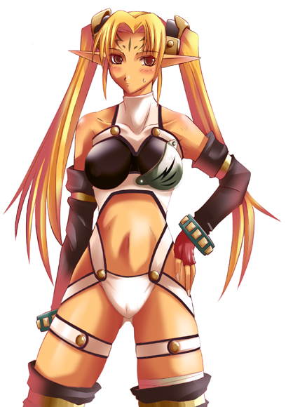 ichimedoo, 1girl, blonde hair, elf, female focus, hand on own hip, pointy ears, simple background, solo, thighhighs, twintails, white background