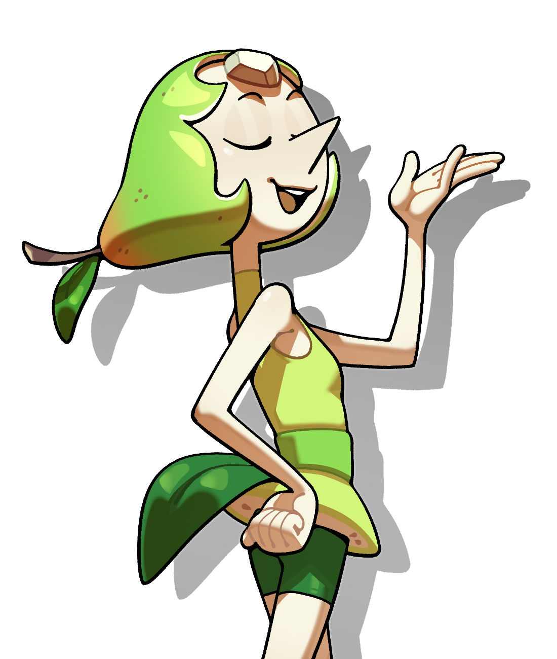 discount-supervillain, pearl (steven universe), steven universe, highres, 1girl, alternate color, alternate hair color, breasts, food-themed hair, green hair, open mouth, pale skin, pointy nose, short hair, simple background, small breasts, smile, solo