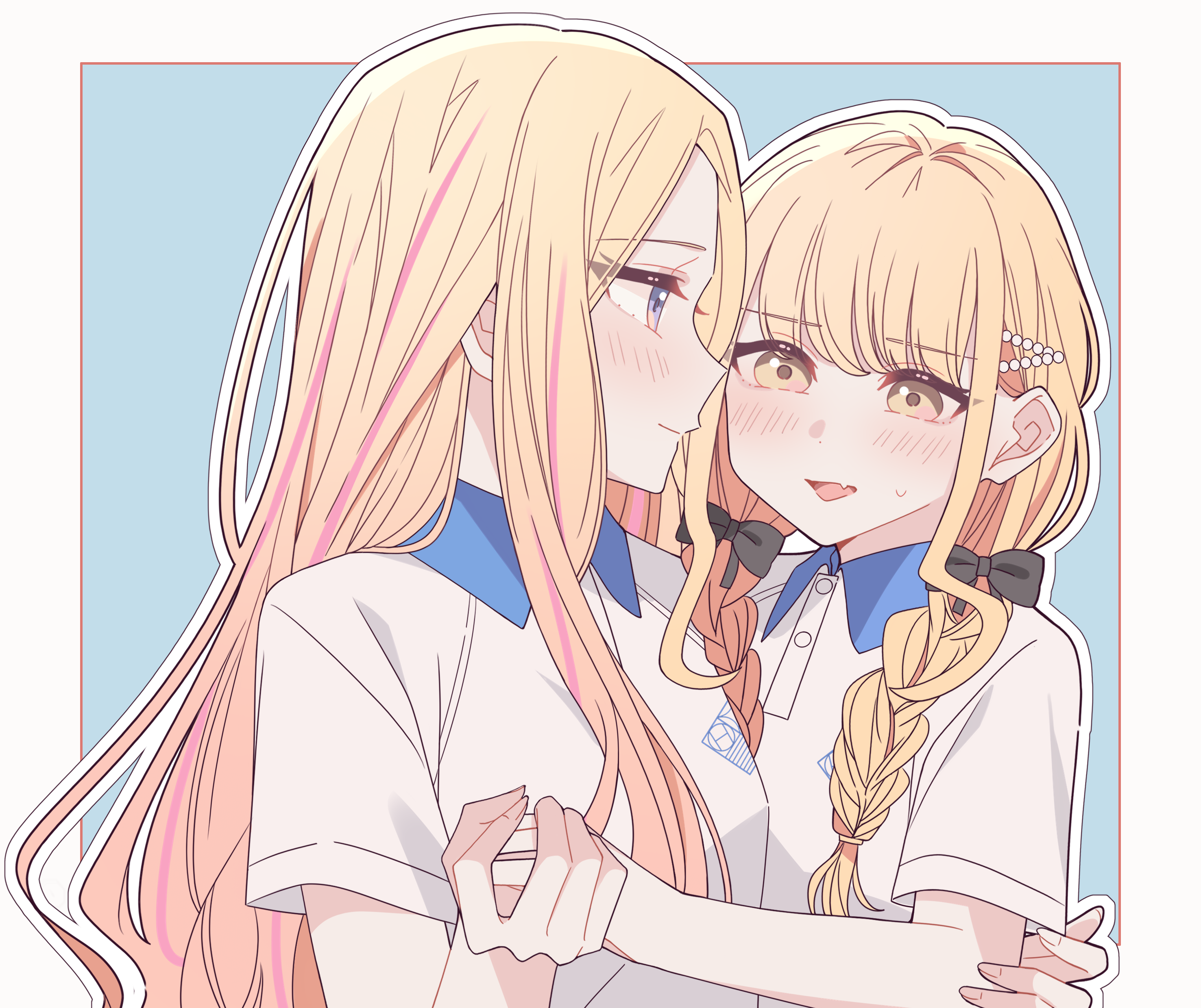 kousaka 0v0, fujita kotone, juo sena, gakuen idolmaster, idolmaster, absurdres, commentary, highres, 2girls, black bow, blonde hair, border, bow, braid, closed mouth, collared shirt, contrast collar, fang, gym uniform, hair bow, hair ornament, hairclip, holding hands, long hair, multiple girls, open mouth, outline, pink hair, purple eyes, school uniform, shirt, short hair, skin fang, smile, twin braids, upper body, white border, white outline, white shirt, yellow eyes, yuri