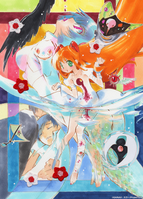 ayanami rei, ikari shinji, nagisa kaworu, souryuu asuka langley, neon genesis evangelion, 2boys, 2girls, bandages, blue hair, gainaxtop, green eyes, interface headset (evangelion), long hair, mecha pilot suit, multiple boys, multiple girls, orange hair, plugsuit (evangelion), red eyes, red hair, short hair